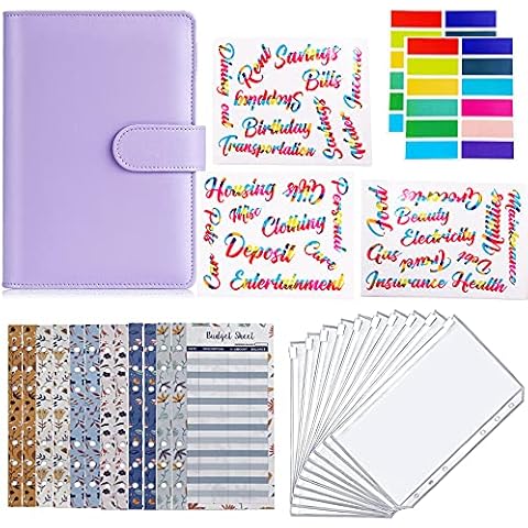 Budget Binder 28 Pcs A6 PU Leather Notebook Binder Planner Set, Personal Budget Planner Organizer 10 Cash Budget Envelopes Zipper Pockets 12 Budget Bill Sheet 3 Budget Item & 2 Label Stickers Cover