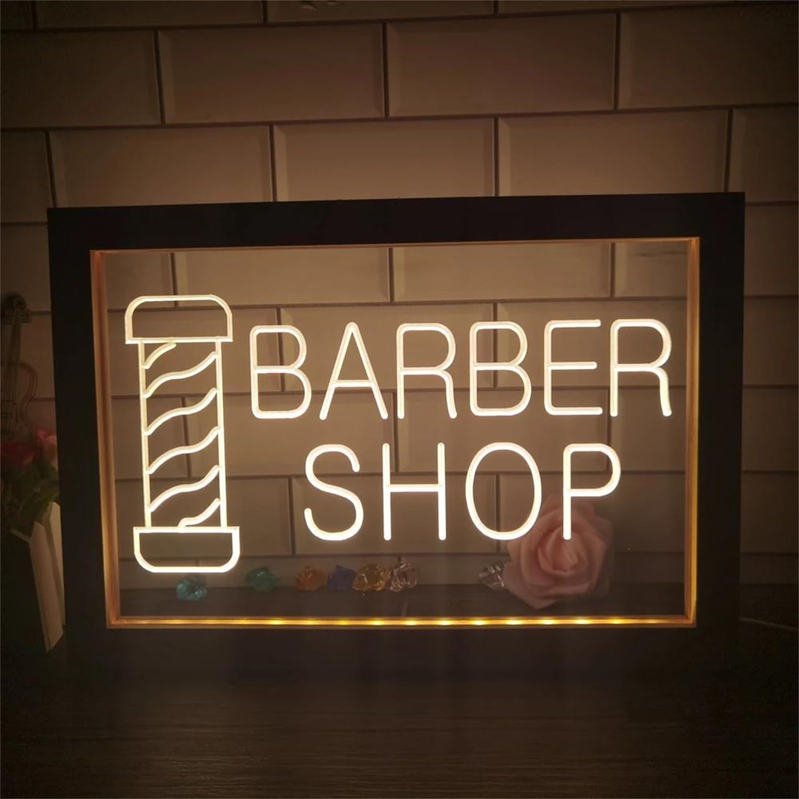 Insegne al neon a LED per negozio di barbiere, luci al neon bianche calde USB personalizzate con cornice per foto in legno, per la decorazione illuminata del salone di taglio di capelli,B,42x32cm