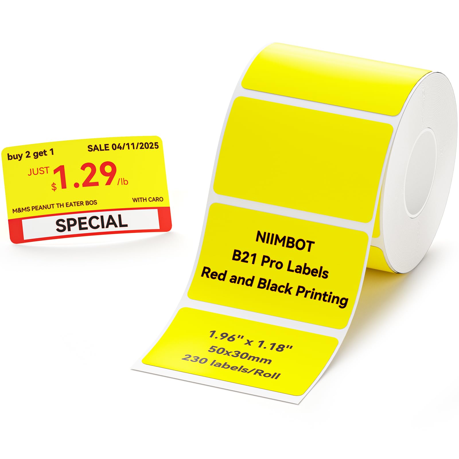NIIMBOT Labels for B21 Pro,Red and Black Printing Labels,Self-Adhesive Sticker Label 1.96'' x1.18'' (50x30mm) 230 Tapes/Roll,Applies to Store/Clothing Tags/Warning Signs/Name tag-Yellow โ image 1