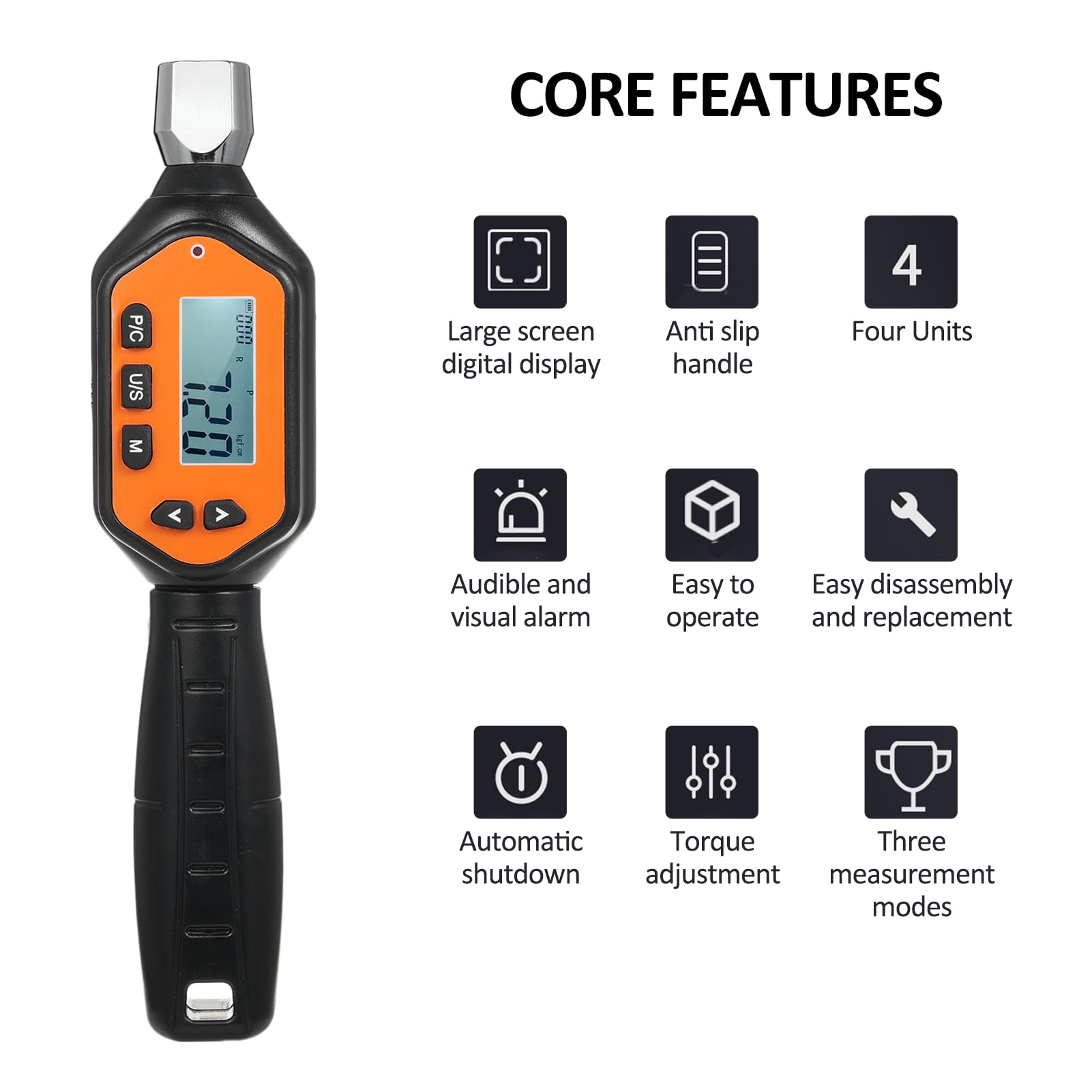 EWM-R-10 - Llave dinamométrica digital de cabeza intercambiable de 1/4 pulgadas, portátil, pantalla grande con sonido retroiluminado, alarma LED, modo preestablecido de pico en tiempo real, 3
