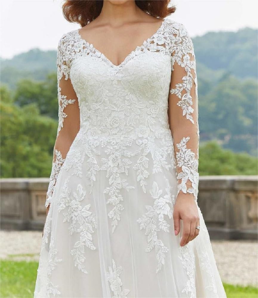 Robe de Mariée Manches Longues Grande Taille Robe de Mariée Dentelle Robe de Mariée Civile, SEVENYXX, Ivoire, 34