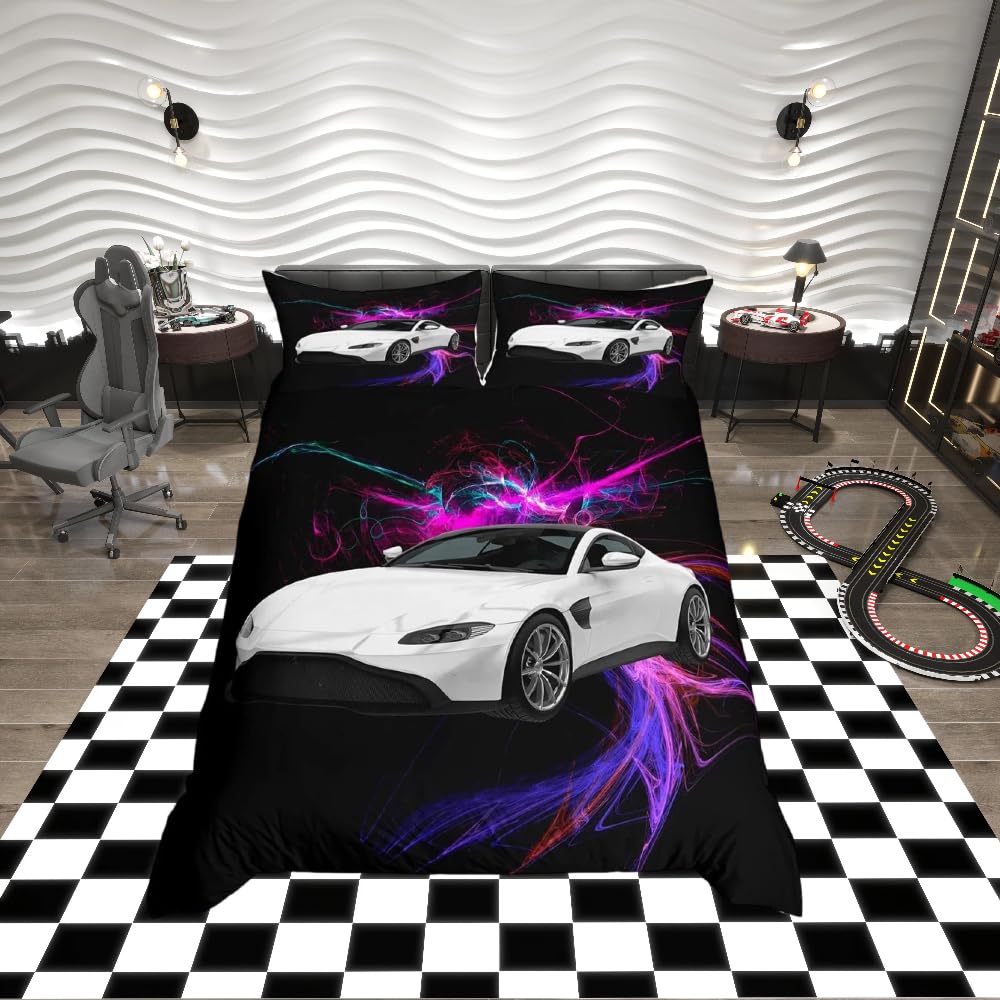 Car Duvet Cover Sports Car Bedding Set for Kids Boys Girls Extreme Sports Comforter Cover Car Sports Competition Bedspread Cover Purple Automobile Style Single Size Quilt Cover 2Pcs