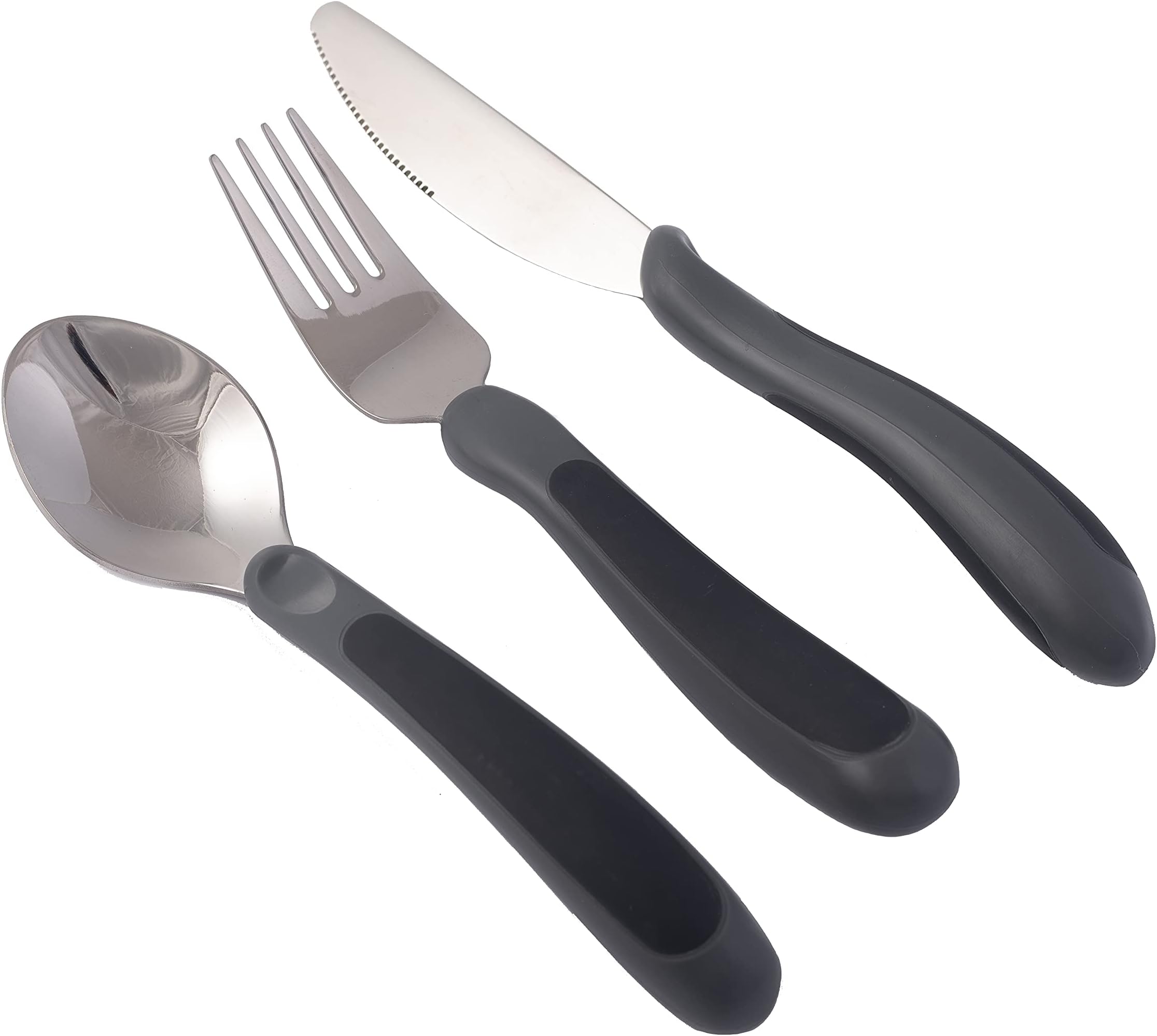 NRS Healthcare Kura Care Adult Cutlery Set, Easy Grip Set, Black & Grey, Grey and Black