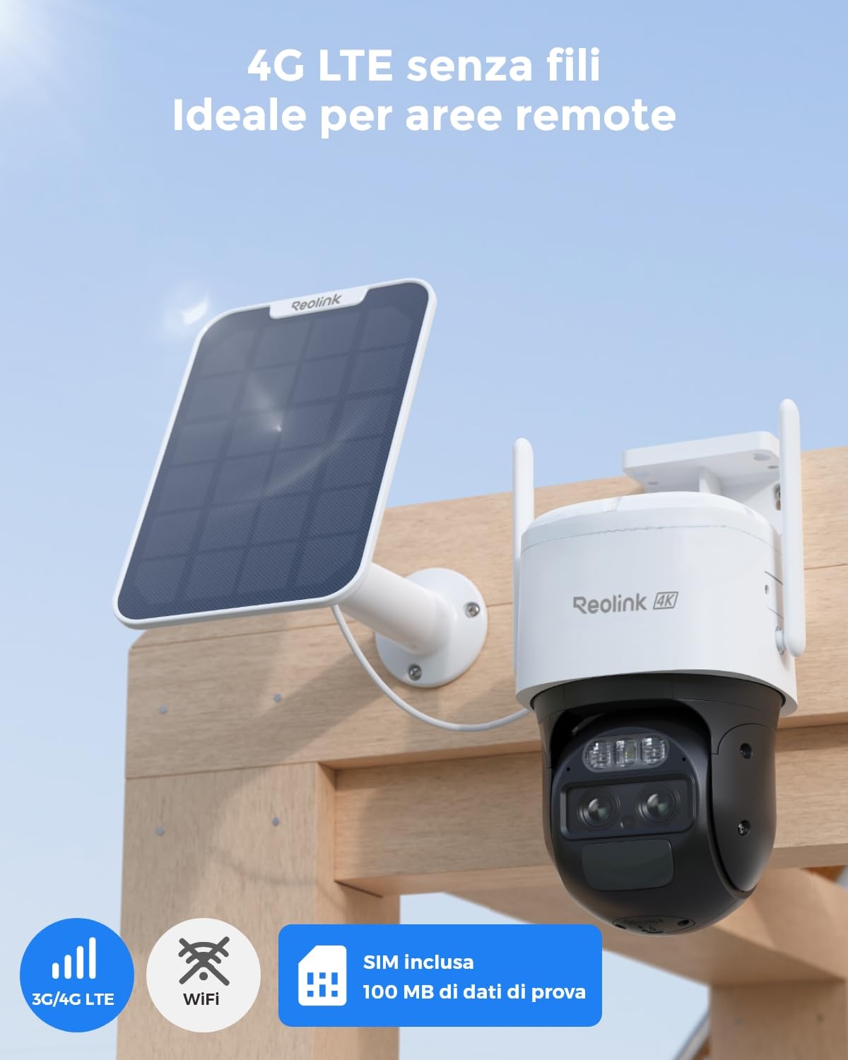 Reolink 4K Telecamera da Esterno con SIM 4G LTE, Batteria e Pannello Solare | 355° Pan/90° Tilt, Doppio Obiettivo, Zoom Ibrido 6X, Visione Notturna a Colori, Alexa & Cloud, TrackMix LTE
