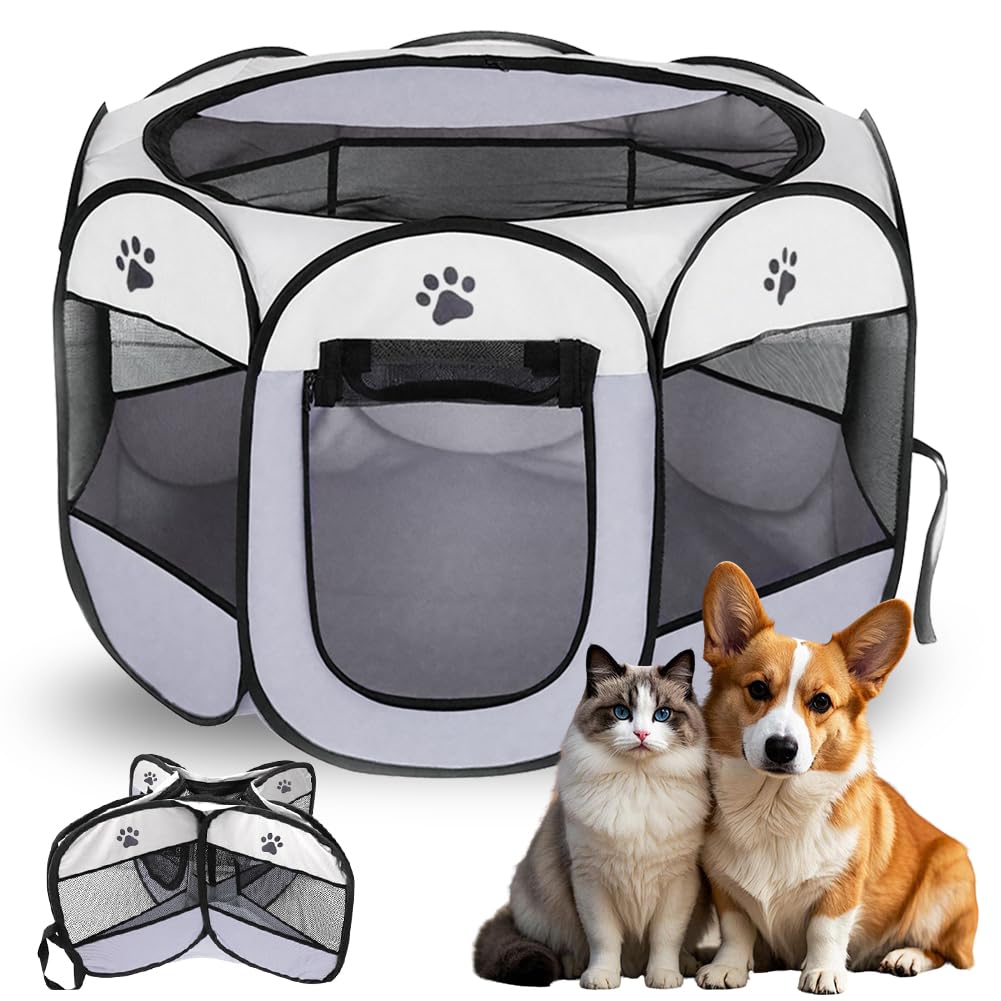Parque para Perros 74x74x43cm, Jaula para Gatos Plegable, Jaula para Perros Portátil, Corralito para Gatos, Conejos, Animales Pequeños, Interior y Exterior (Gris)