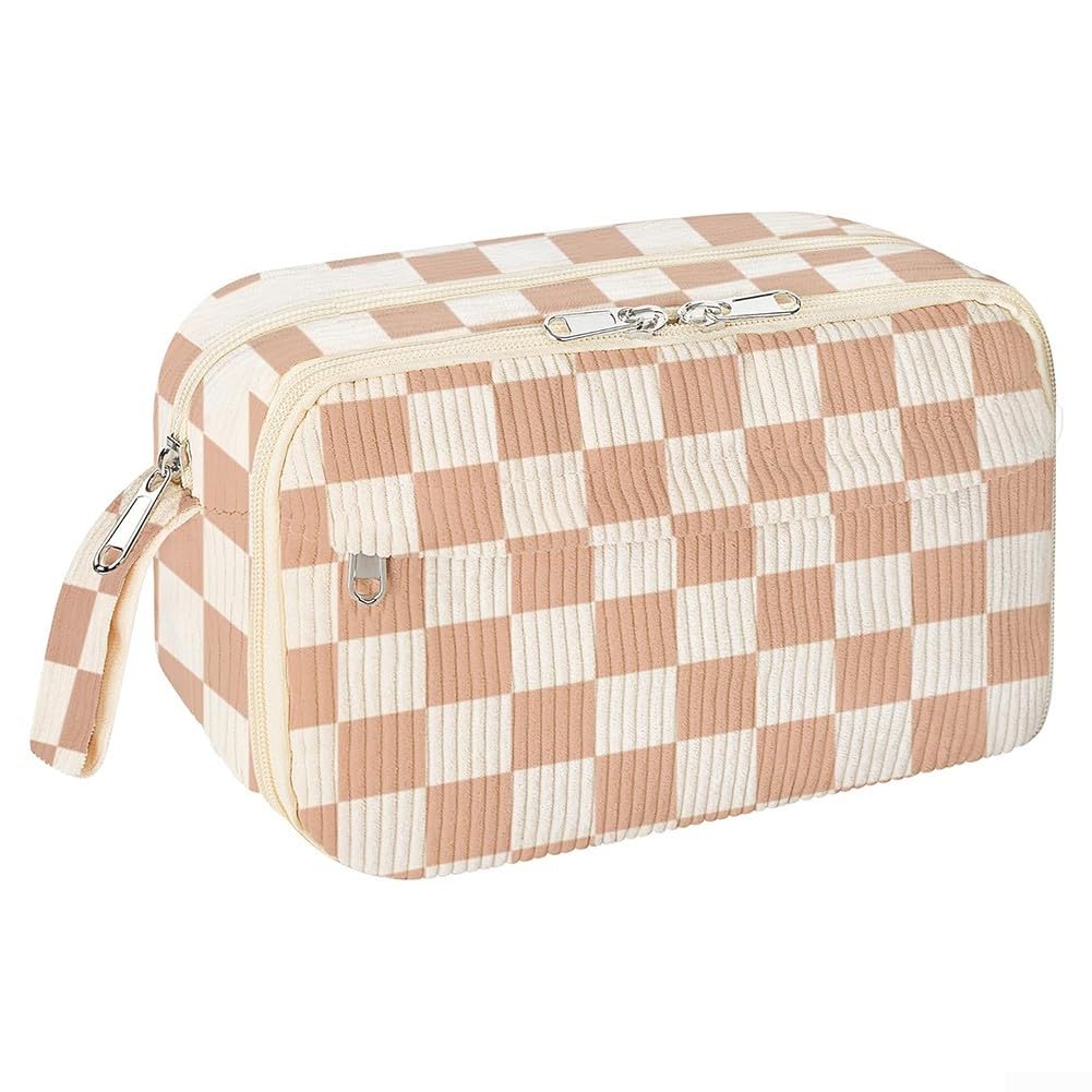 Zippered Corduroy Pencil Case with Multiple Compartments for School and Office Use, Lightweight and Easy to Carry (Pink bow (Concise squares)