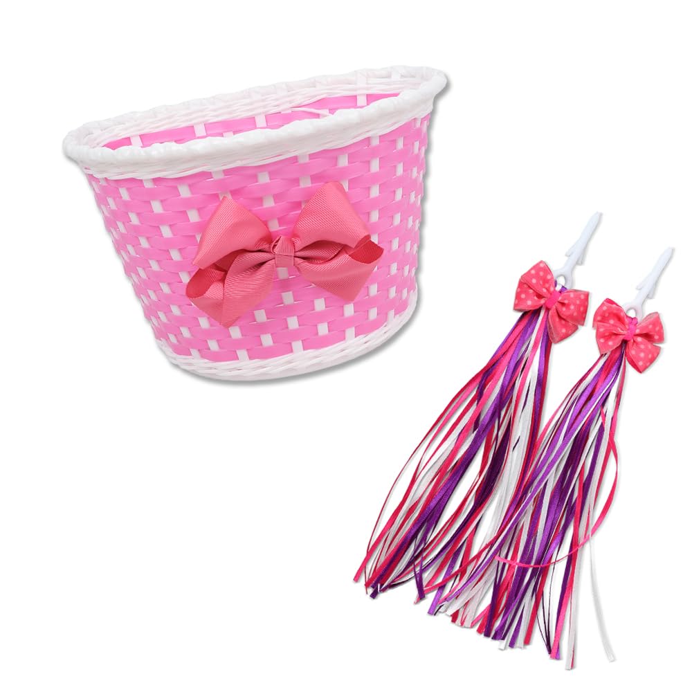 AVASTA Kids Bike Basket with Cycling Handle Streamers Set, Decorative Front Basket for Girls Bicycle, Easy to Install, Includes Colorful Streamers & Mounting Straps, Red