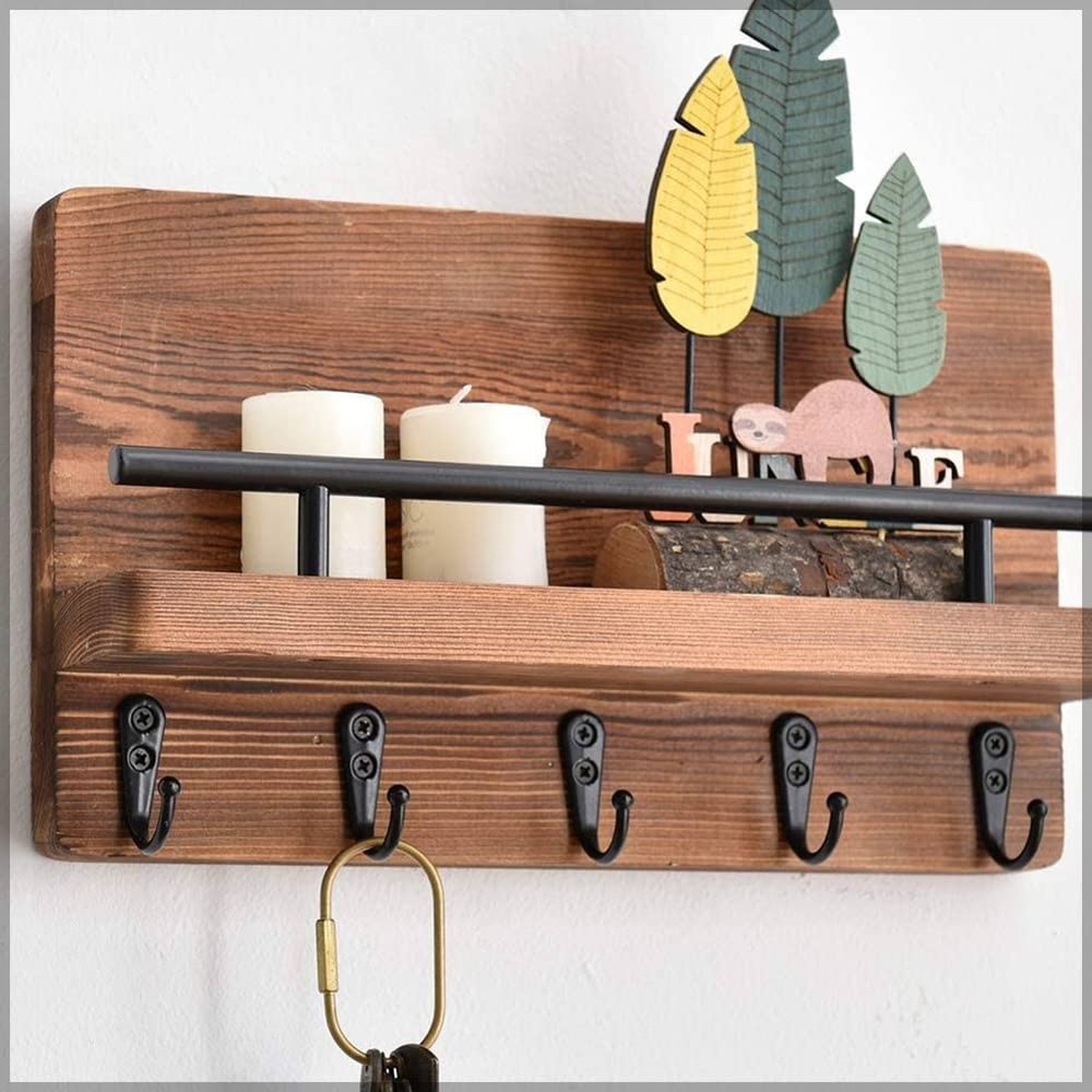YATAI Key Holder, Rustic Wooden Key Hangers with Shelf & Hooks for Entryway, Wall Mounted Vintage-Style Key Organizer with 5 Hooks, Multipurpose Mail Organizer, Key Rack, Hat Organizer, Car Key Holder