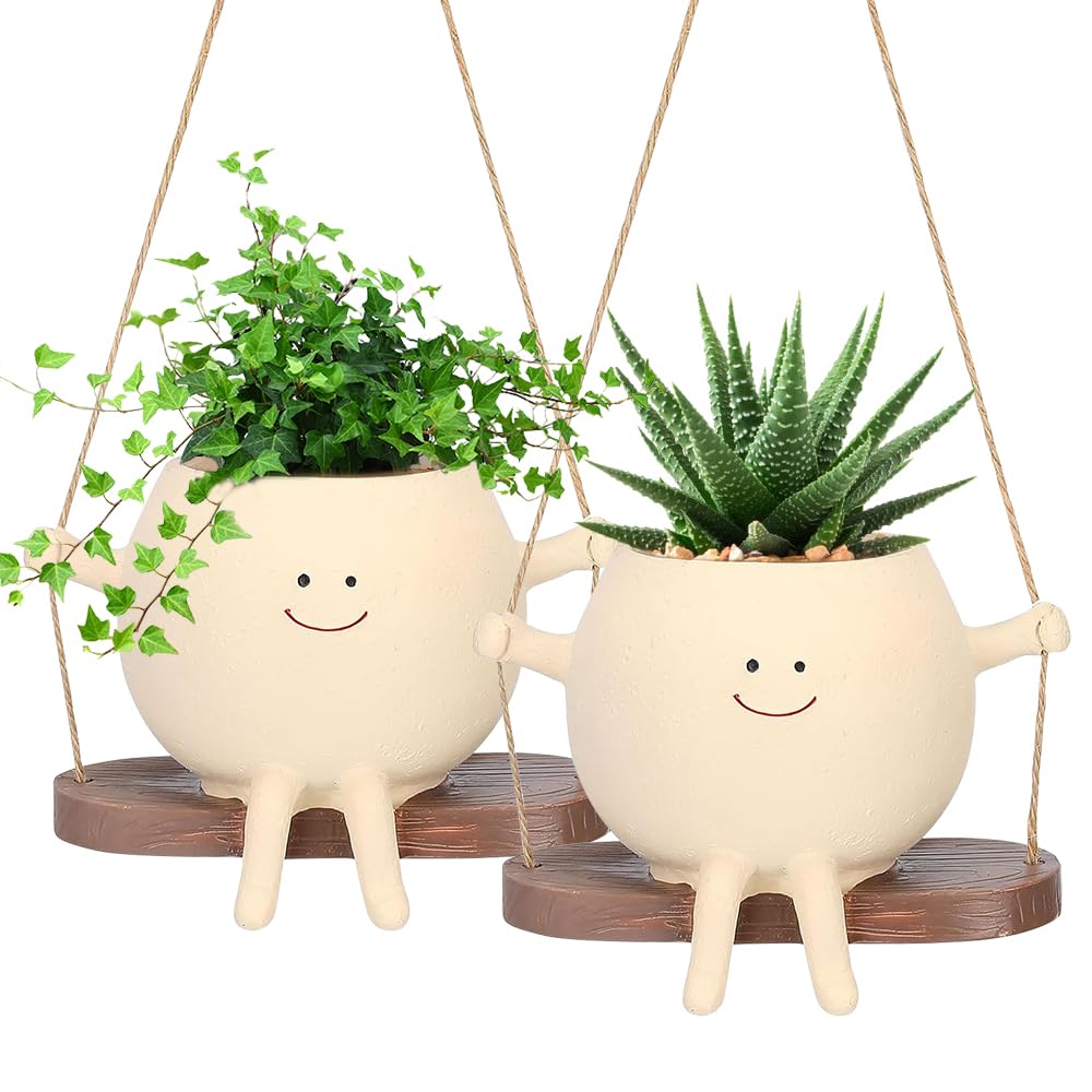 YANGUN Swing Face Planter Pot, Cute Plant Pot, Small Succulent Face Flower Pot for Indoor Outdoor Plants, Novelty Hanging Planter for Home Office Balcony Garden