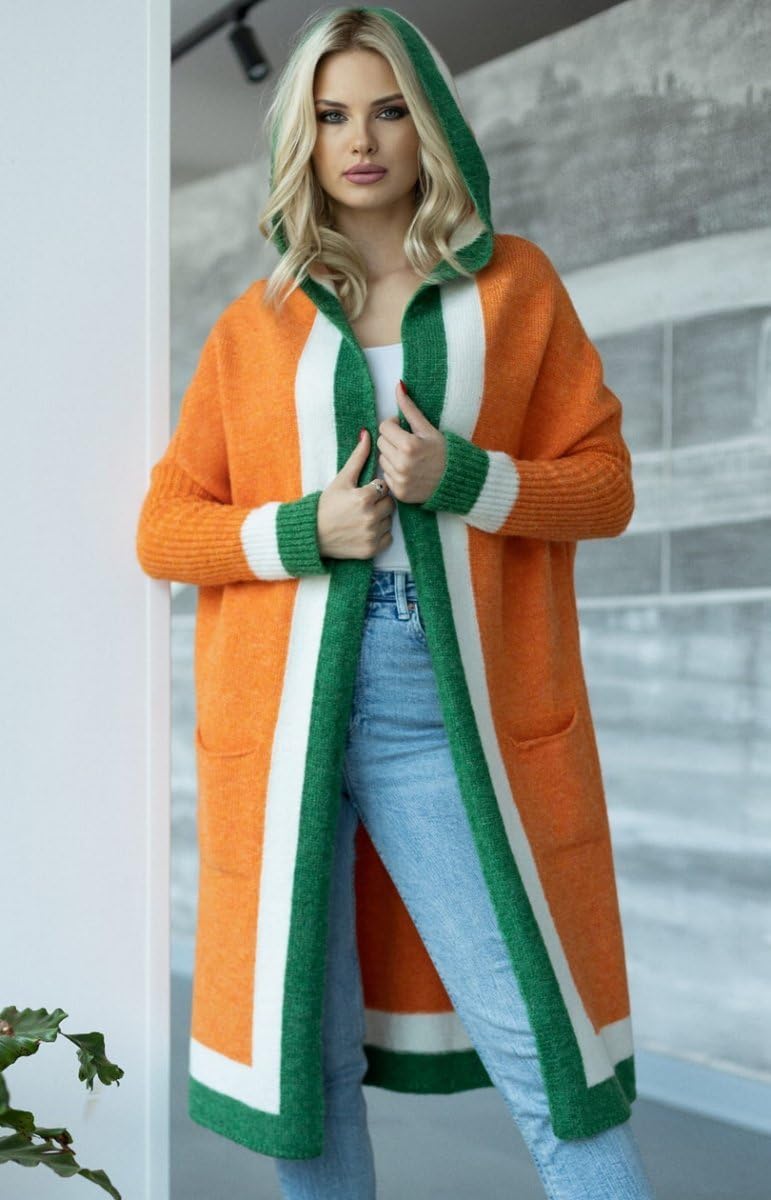 Cardigan Mujer, Cárdigan De Punto con Capucha De Gran Tamaño para Mujer, Color Caqui, Suéter De Punto con Cable Y Bloques De Color con Mangas Largas Y Frente Abierto con Bolsillos, Chaq