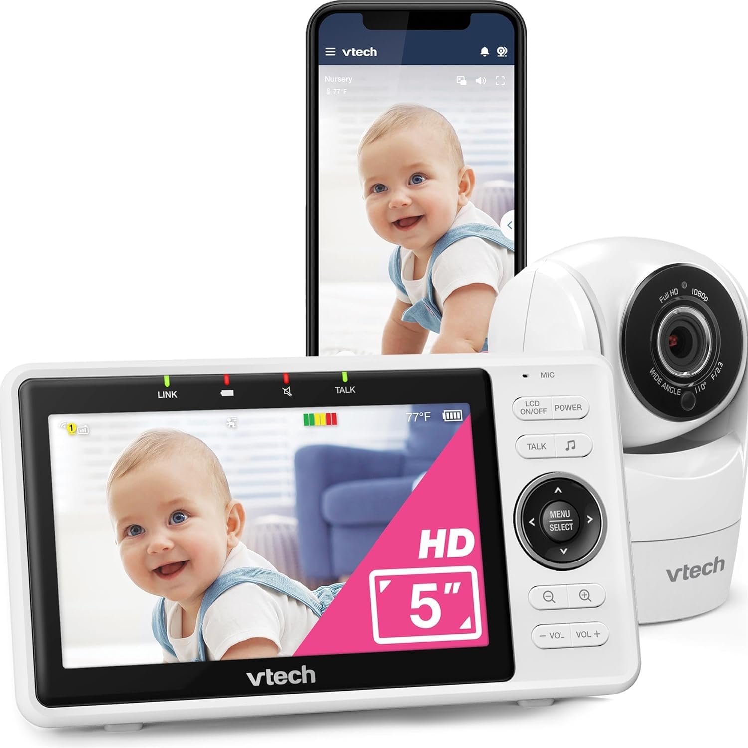 VTech Baby Camera (5 Inch, 1080p, 120° Panoramic View, Night Vision, Pan-Tilt Remote Zoom, Two-Way Talc, Works with iOS and Android, WiFi