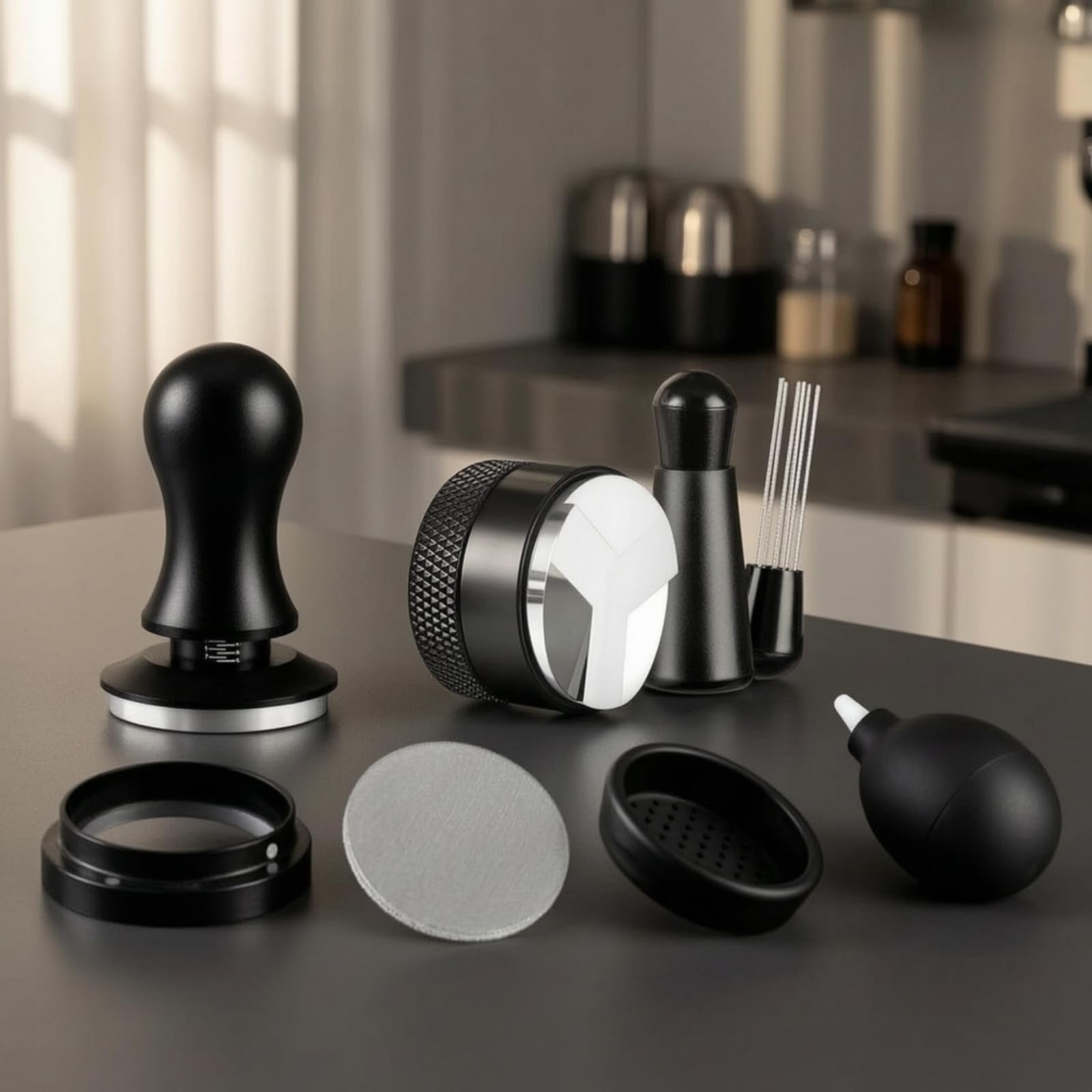 7 Piezas Juego Prensador y Distribuidor Café Completo Tamper Café Compacto Aguja Encaje para Caferías, 51mm