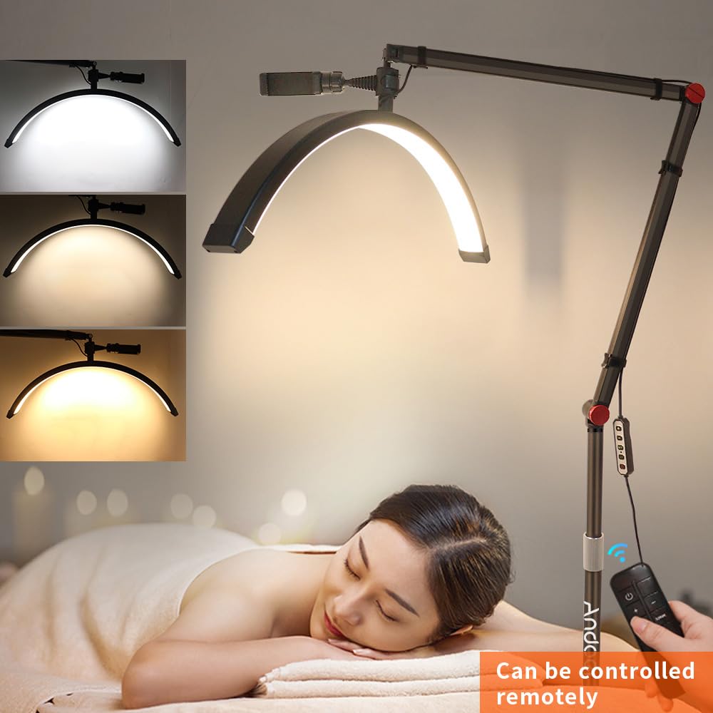 Andoer Lampada per ciglia a mezzaluna, 3200-5600 K, dimmabile, pavimento con supporto luminoso e telefonico, telecomando per trucco, estensioni ciglia, fotografia