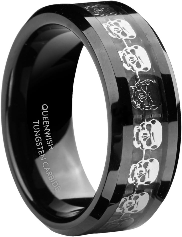 QUEENWISH 8mm Black Skull Rings Silver Harly Mens Tungsten Carbide Wedding Band Engagement Womens Ring Size 5-14