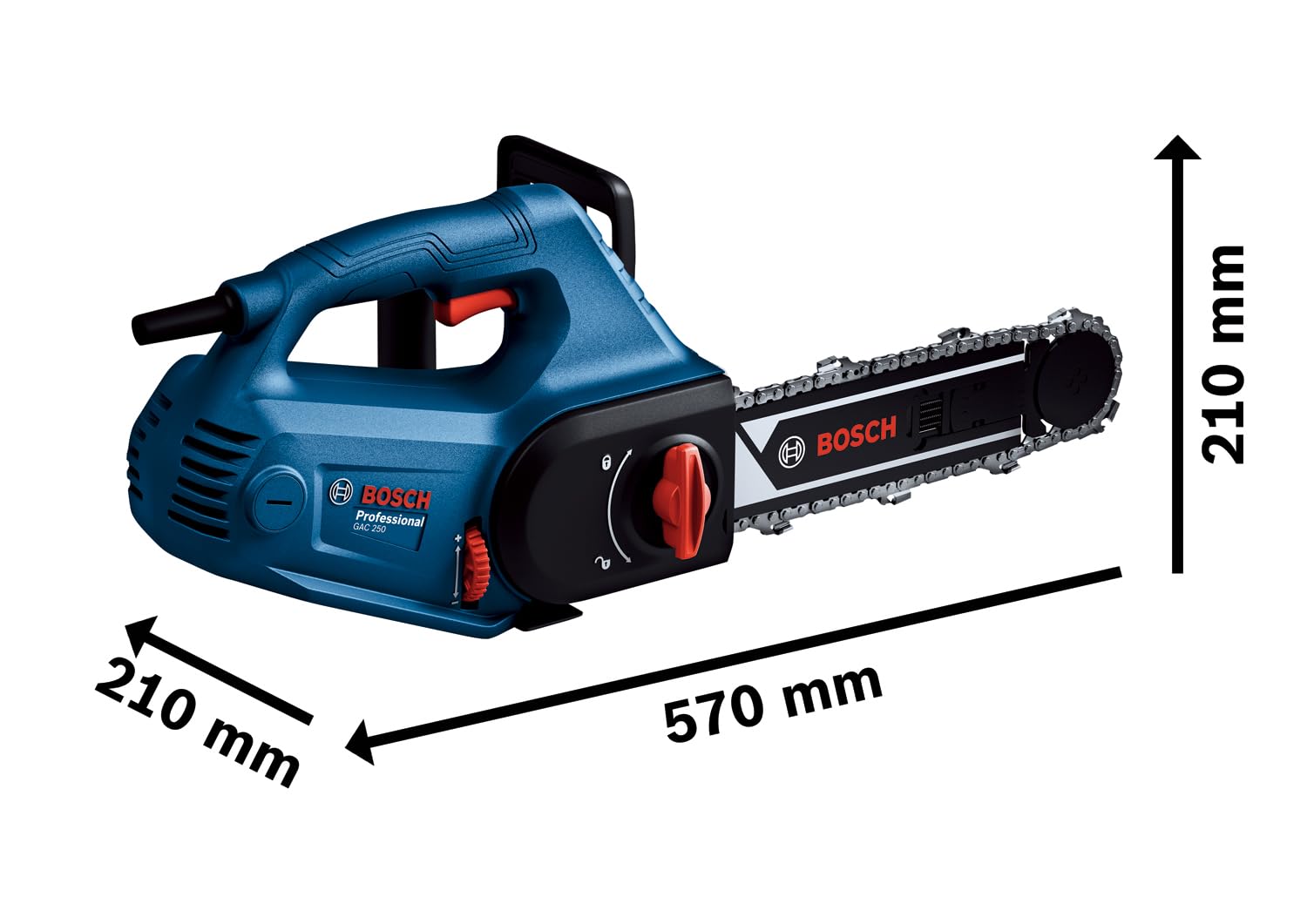 Bosch Professional: piła do bloczków z betonu komórkowego GAC 250 (prędkość łańcucha 12 m/s, rozmiar łańcucha 3/8 cala, długość prowadnicy 250 mm)