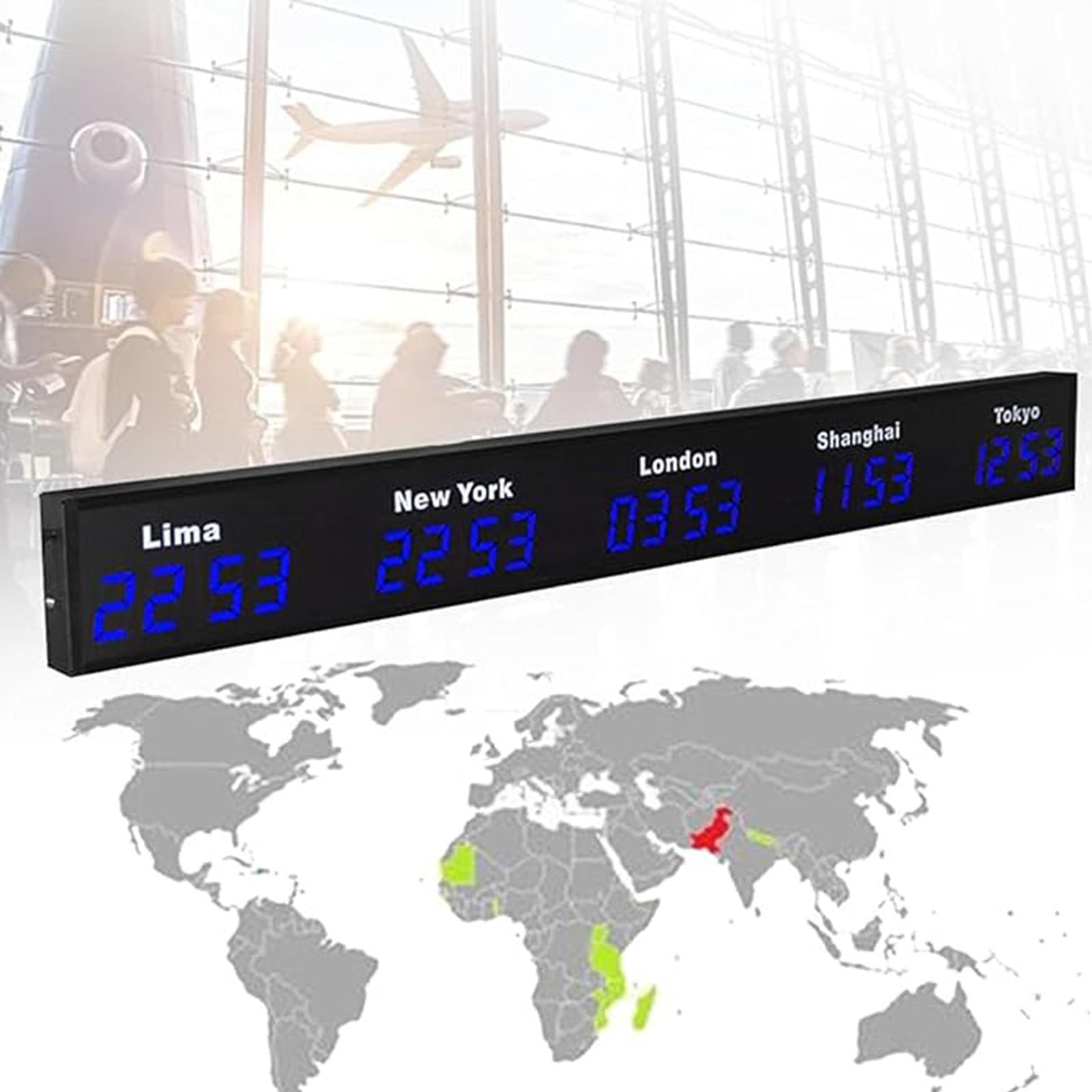 Wall Mounted World Clock, 3/4/5 City Time Zone LED Digital World Time Wall Clock Indoor Multi Time Zone World Wall Clock for Multinational Enterprises/Office/Home/Living Room/School,Blue-5City