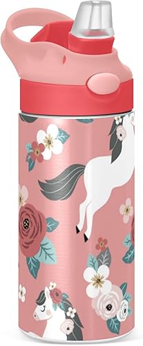 Cute White Horses - Botella de agua para niños, botellas de agua aisladas de acero inoxidable con tapa con popote, 12 onzas, sin BPA, a prueba de