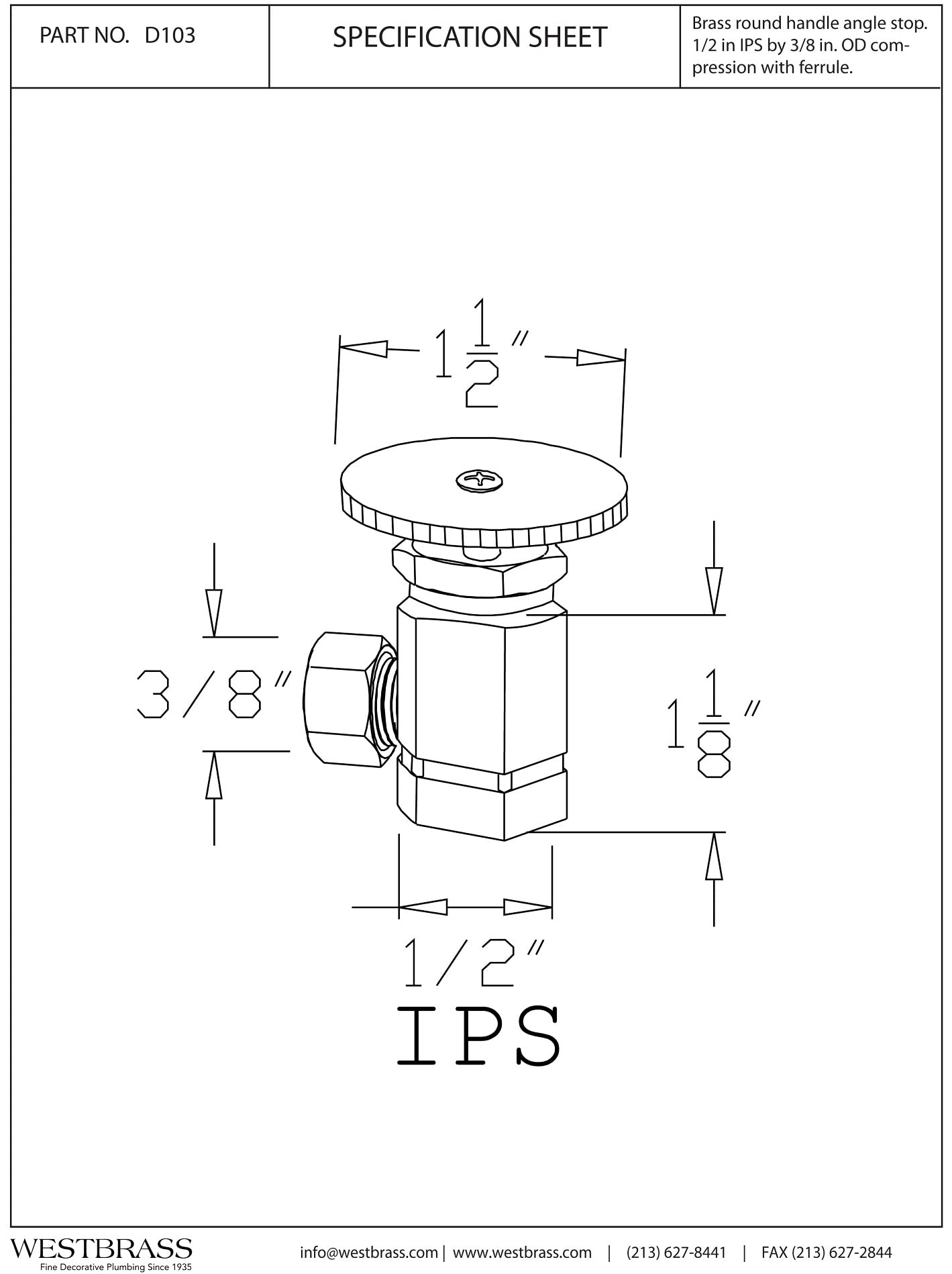 Westbrass D103-2-01 Valvola di arresto angolare con maniglia rotonda, ingresso IPS da 1/2" con uscita di compressione da 3/8", ottone lucido PVD (confezione da 2)