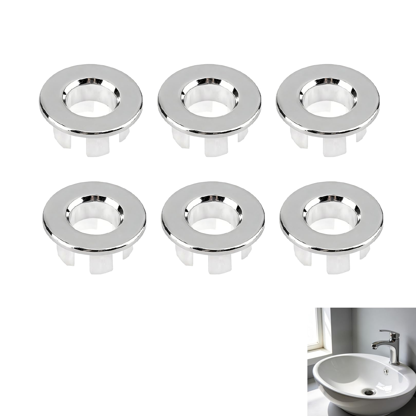 6Pcs Sink Overflow Ring, 22-26mm Silver Brass Basin Trim Rings Bathroom Overflow Cover,Replacement Bath Round Tap Hole Scratch-Resistant Drain Insert for Bathroom & Kitchen Universal Accessory,Durable