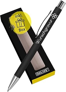 Online Personalisierter Kugelschreiber mit Gravur Soft Metal Classic Black in Geschenkbox I Softtouch Feeling I auswechselbare Großraum-Mine I Schreibfarbe blau I Aluminium I persönliches Geschenk