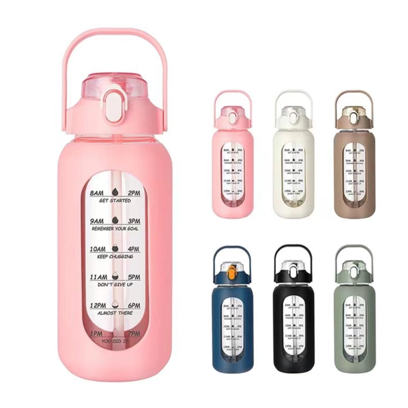 Sghagh Women's Pink 64Oz Glass Water Bottle With Straw Lid And Time Marker, Half Gallon Large Motivational Water Bottle With Silicone Sleeve, 2L Reusable Drinking Jug For Gym Home Workout Bpa Free(Pink)
