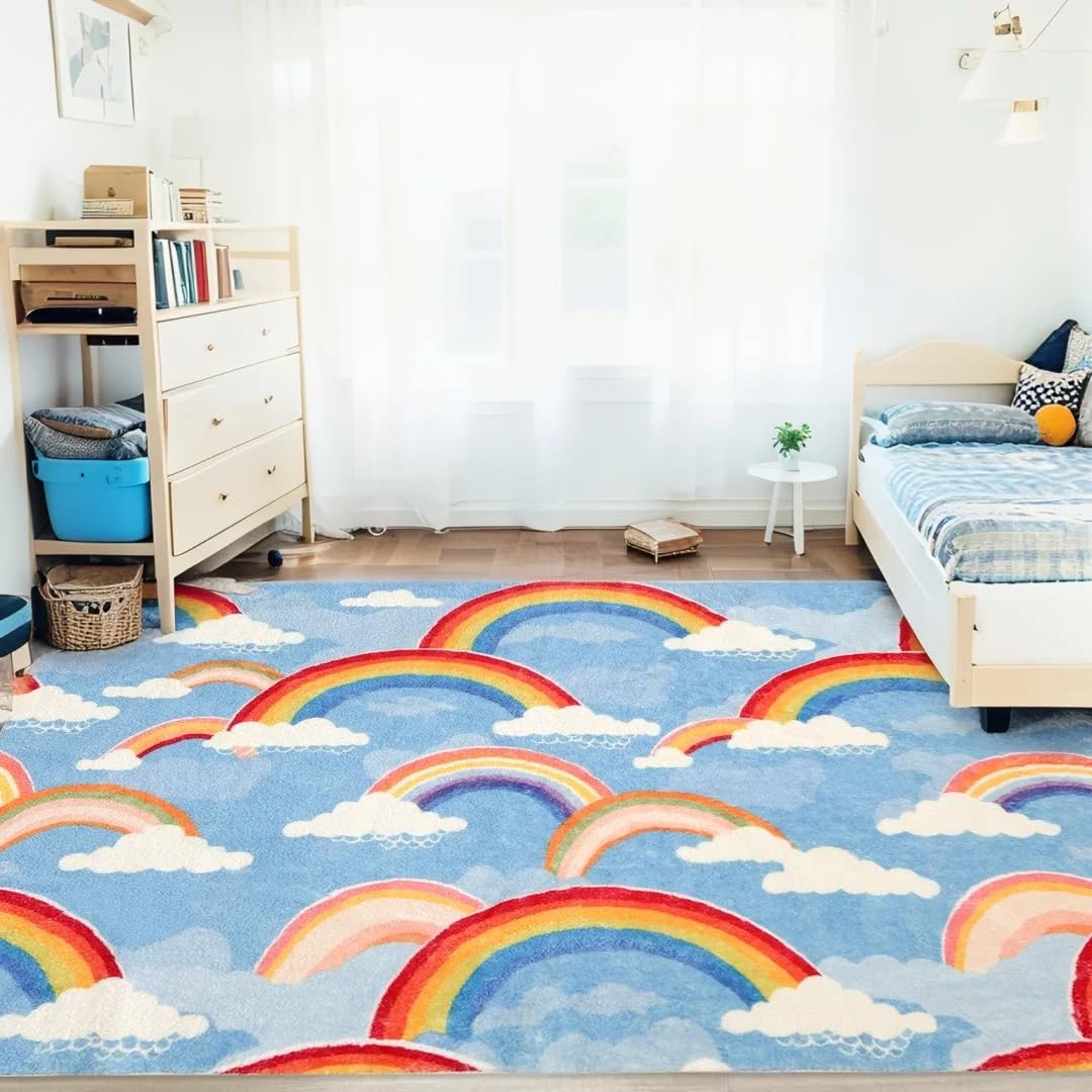 Regenbogen-Teppiche, niedlich, bunt, rutschfest, waschbar, Klassenzimmerteppich, weicher Kinderbereich für Schlafzimmer, Kinderzimmer, Wohnzimmer, Dekoration, Regenbogenwolke