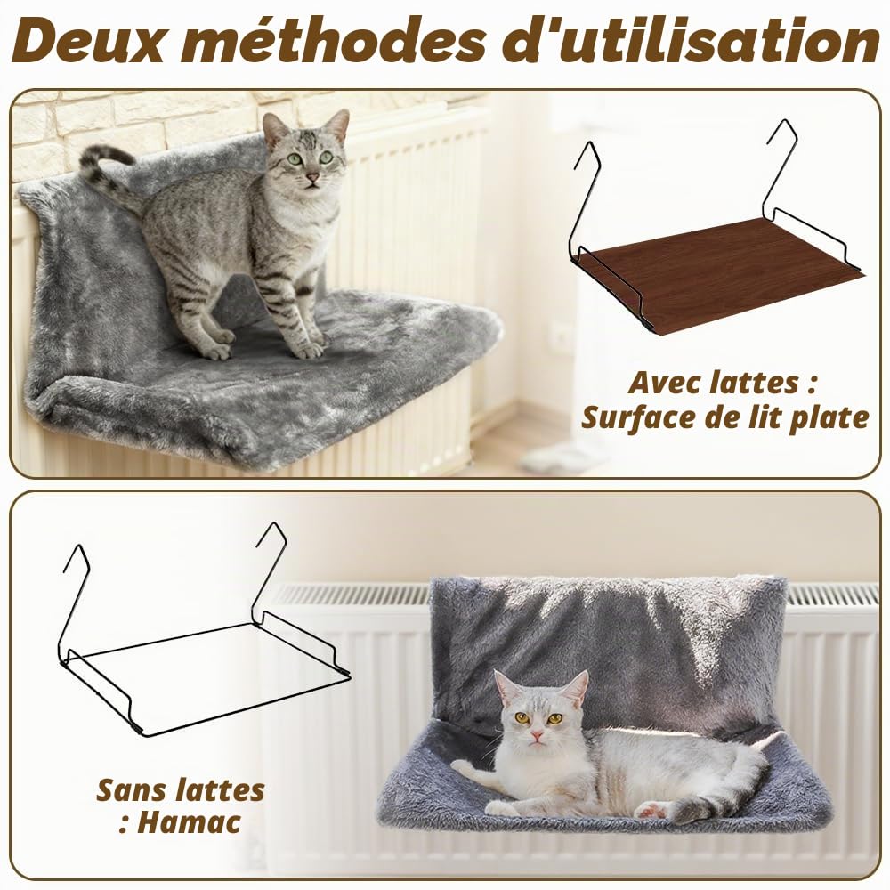 Lit chauffant pour chat, 45 x 30 cm, lit de radiateur pliable pour chat, lit suspendu pour chat, avec housse en peluche douillette et cadre en métal stable, lit chauffant, kit K pour tous les éléments