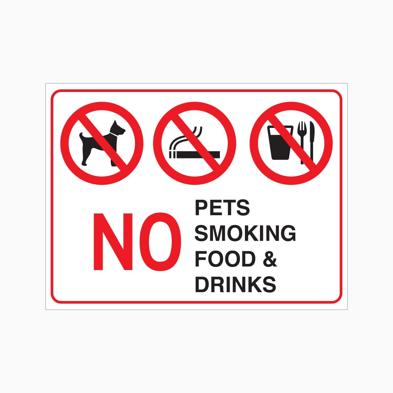 NO PETS, SMOKING, FOOD AND DRINKS Sign, 12x8 Inch Metal Tin Sign, Multi-rule Plaque for Public and Working Spaces