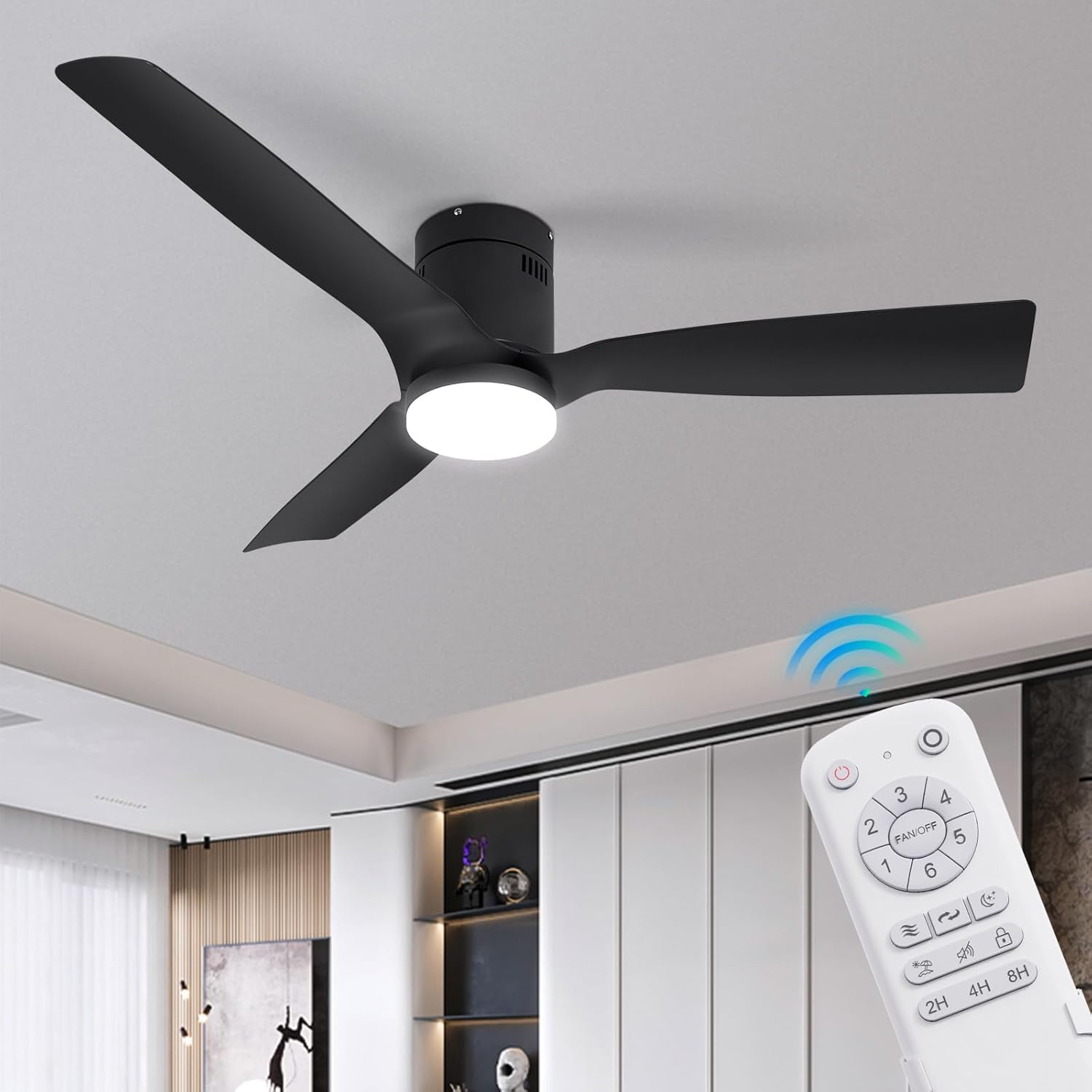 Flush Mount Ceiling Fan 52 inch,with Remote,22W Dimmable LED Light,DC Motor,6 Speed,Reversible,Low Profile Black Ceiling Fan Indoor with Memory Function for Bedroom,Living Roome,Kitchen