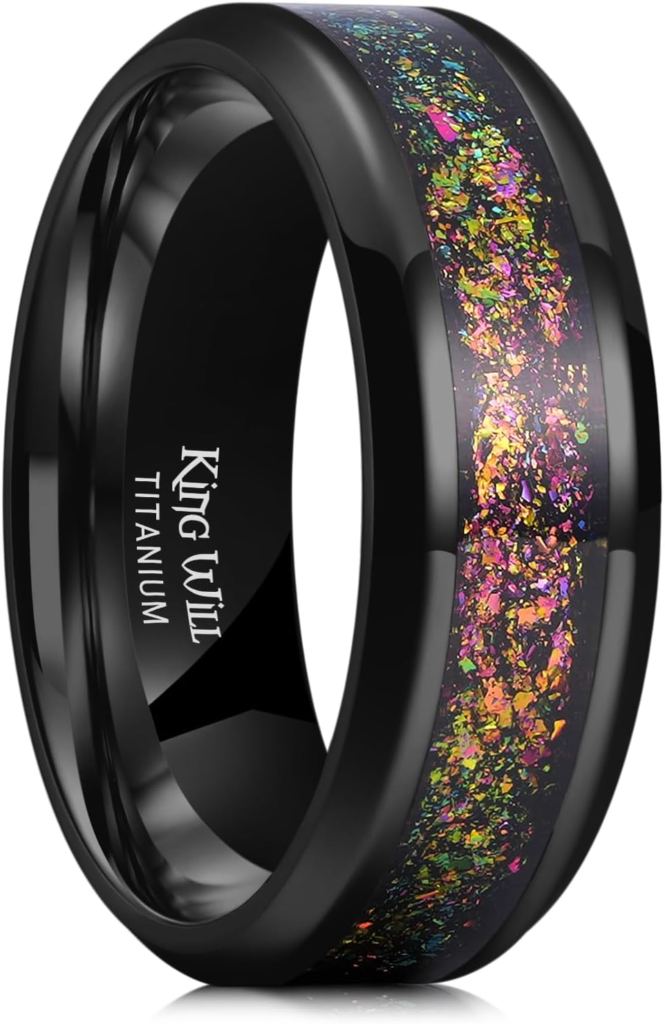 King Will Titanium Wedding Band for Men Women-8mm Black Titanium Rings with Multicolor Foils Inlay, Durable Wedding Rings with Domed & Flat Cut Style Comfort Fit Size 7-13