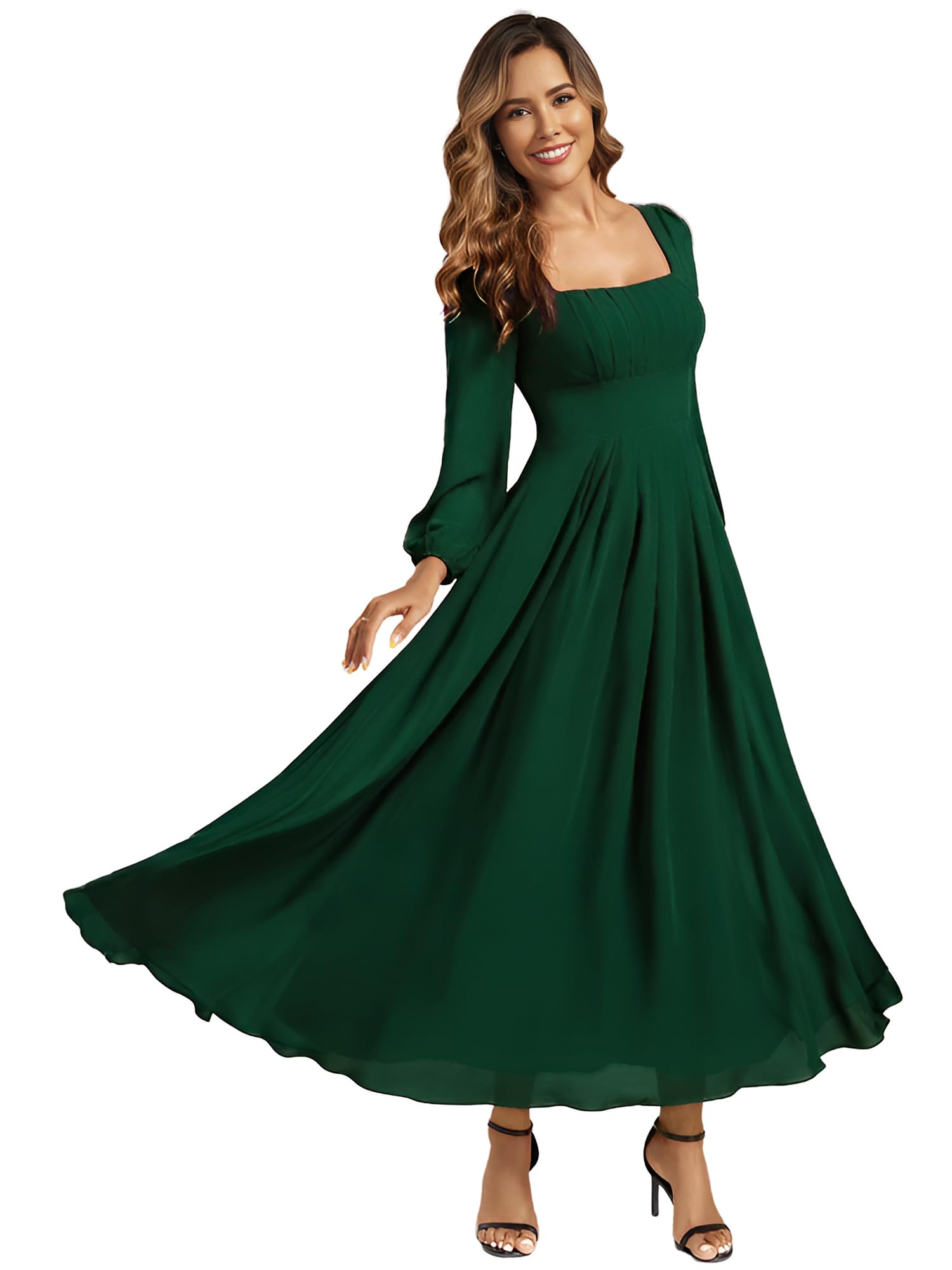 Ever-Pretty Womens Fall Winter Semi Formal Wedding Guest Dress Square Neck Long Sleeve Chiffon Maxi Bridesmaid Dresses 2522