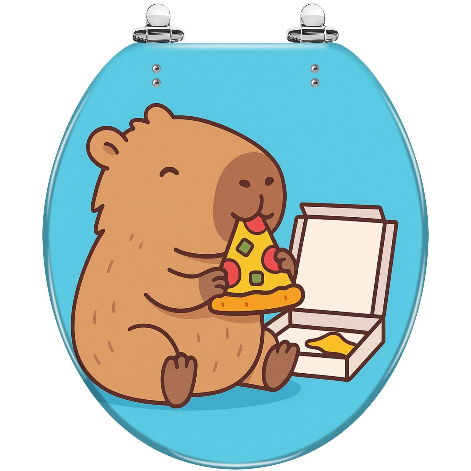 Round Toilet Seat Cute capybara character eating pizza Resin Toilet Seat Quietly Close Quick Release Hinges with Cover Bumpers Decorative Easy to Install Clean