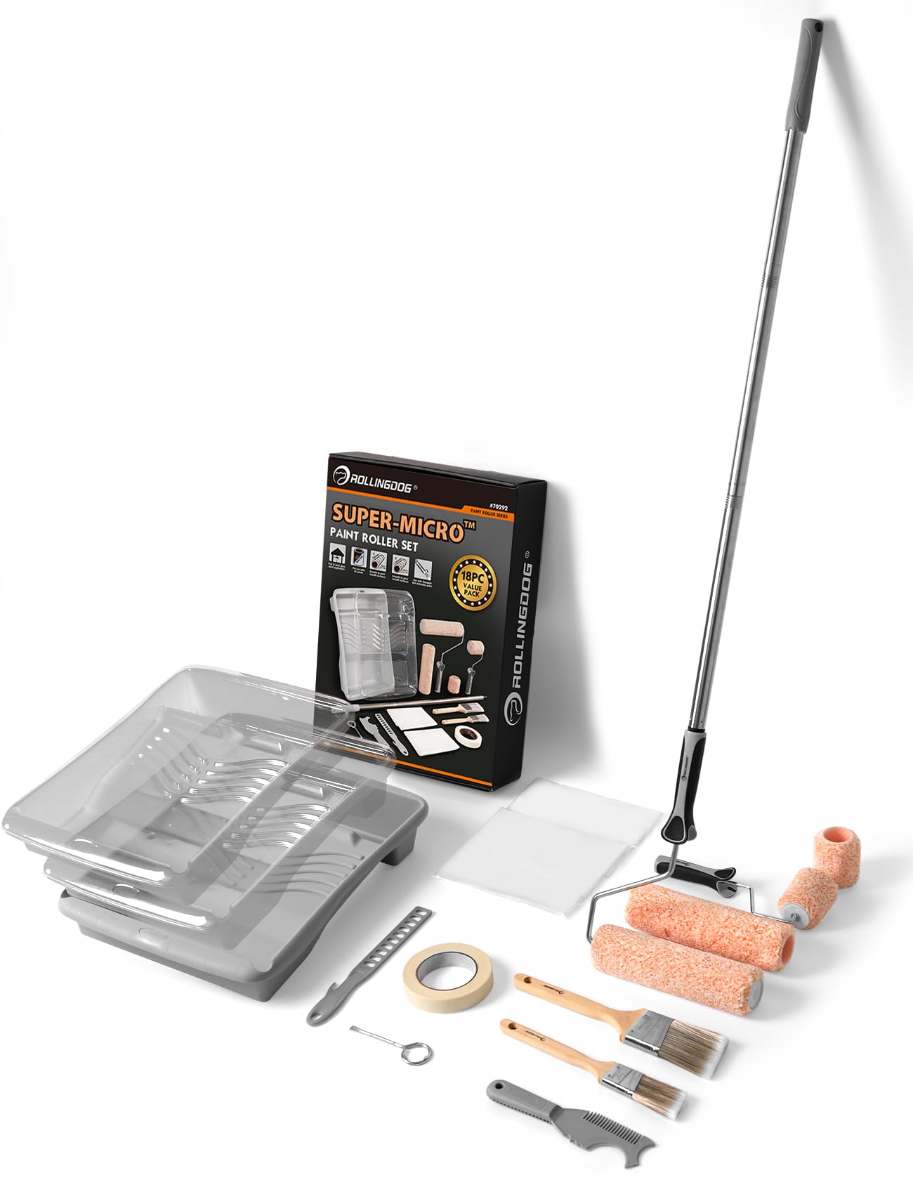 ROLLINGDOG Lot De 7 Rouleaux De Peinture En Microfibre De 45,7 Cm Avec Cadre De Rouleau De Peinture De 45,7 Cm, Seau à Peinture Avec Couvercle