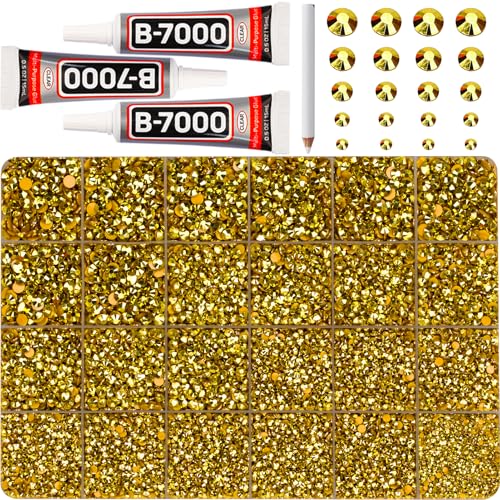 32000Pcs Metallic Gold Rhinestones for Bedazzling Multi Sizes 2-6mm Flatback Gems Bedazzled Kit with B7000 Glue Flat Back Resin Diamond Crystal Gemstone Rhine Stone Jewel for DIY Crafting Clothes