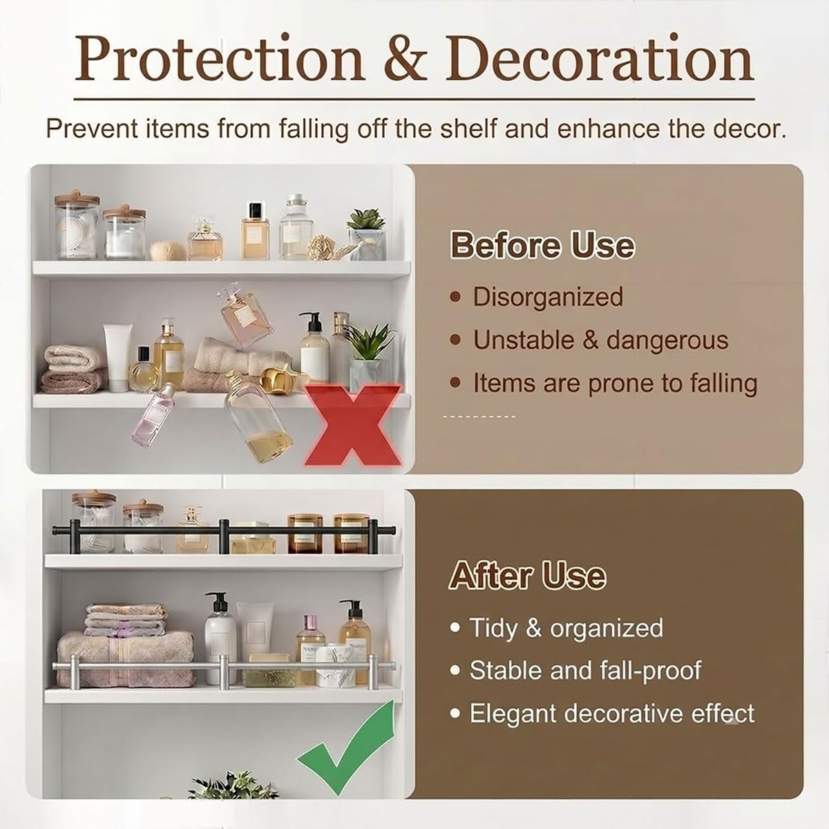 Barandilla Protectora para Estantes de Aluminio para Estanterías Zapatero | Protección Metálica Decorativa para Librería y Armario, Kit de Barandilla y Muebles(Gold-8pack,40in/102cm)
