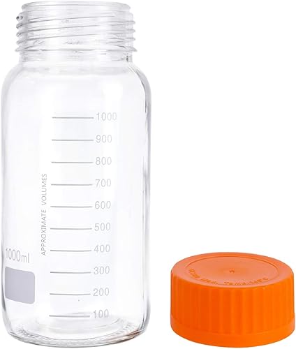 Miniatura 3 de Paquete de 3 botellas de vidrio de laboratorio de almacenamiento de 33.8 fl oz de boca ancha graduadas con tapa de rosca de polipropileno naranja