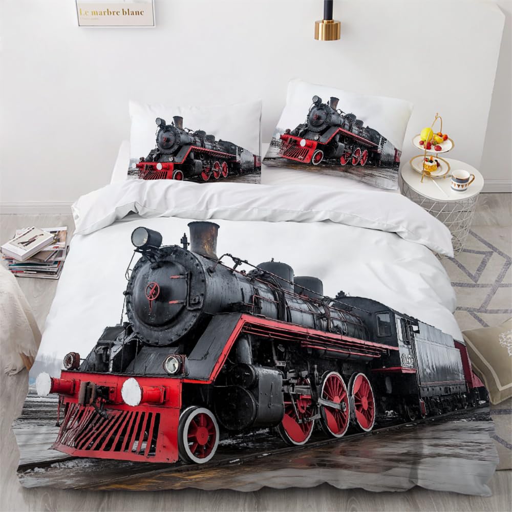 3D Double-sided printing Duvet Cover Steam Locomotive Printed Luxury Duvet Cover Set Train Quilt Cover Bedroom Collection 3Pcs Single Size（135 x 200 cm ）