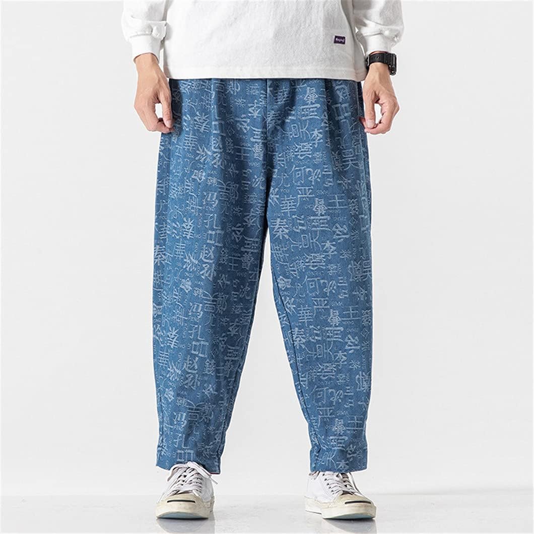 Stitching Printing Jeans Men Japanese Harajuku Long Pants Retro Plus Size Casual Fashion Fall Winter Streetwear