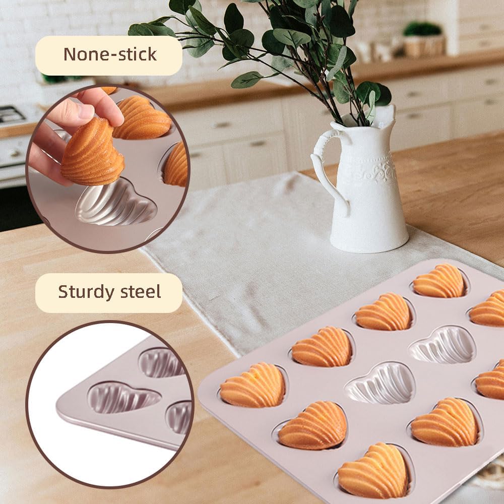 Madeleine Heart Cake Pan, 12 Cavity Heart Shape Cake Pan Mini Tea Cake Pans Non-Stick Heart-shaped Shello Madeleine Pans Bakeware for Baking Valentine's Day Mother's Day