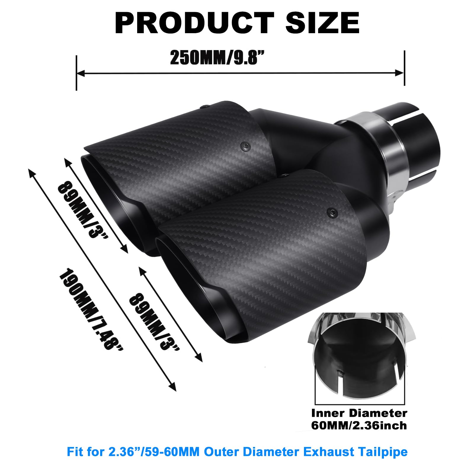 podwójna końcówka wydechowa 60 mm (2,36") tylny wlot samochodowy podwójne końcówki tłumika stal nierdzewna i błyszcząca rura wydechowa z włókna węglowego 89 mm (3,5 cala) (czarny mat)