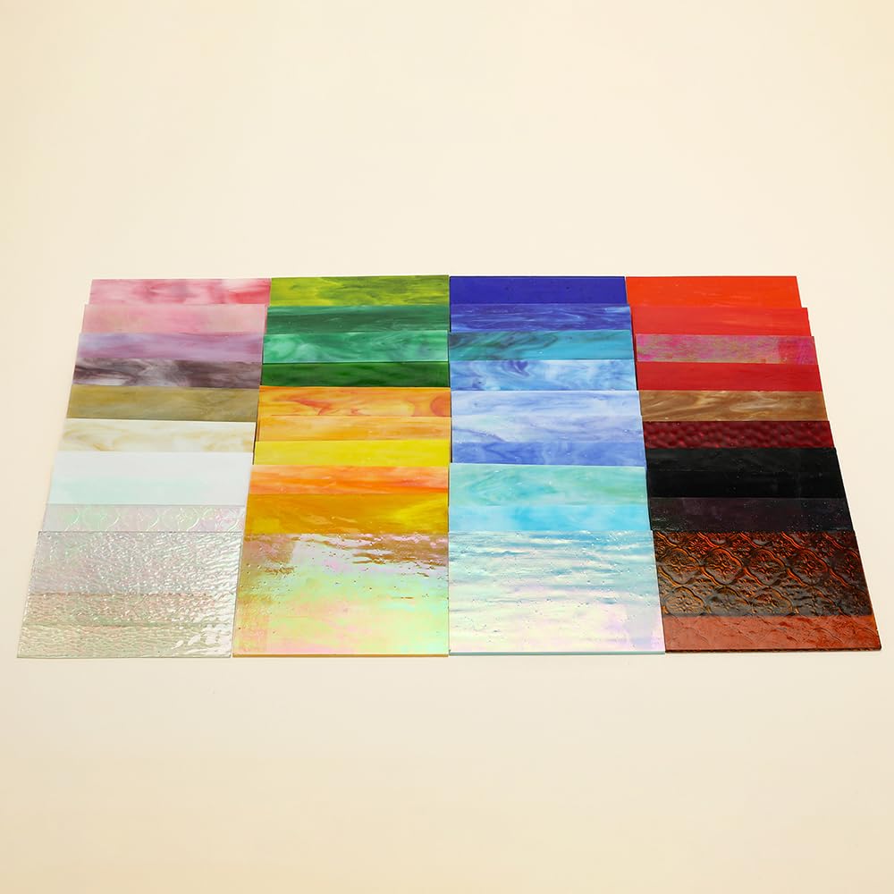 Lot de 40 feuilles de vitrail de 10,2 x 15,2 cm, assortiment de couleurs vives et textures, feuilles de mosaïque irisées, opaques et transparentes pour travaux manuels en mosaïque