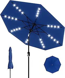 9 Ft Patio Umbrella with Solar Lights, Outdoor Table Umbrella with 32 LED Lights & Tilt Crank, 8 Ribs Market Table Umbrella for Pool, Deck, Backyard, Navy Blue
