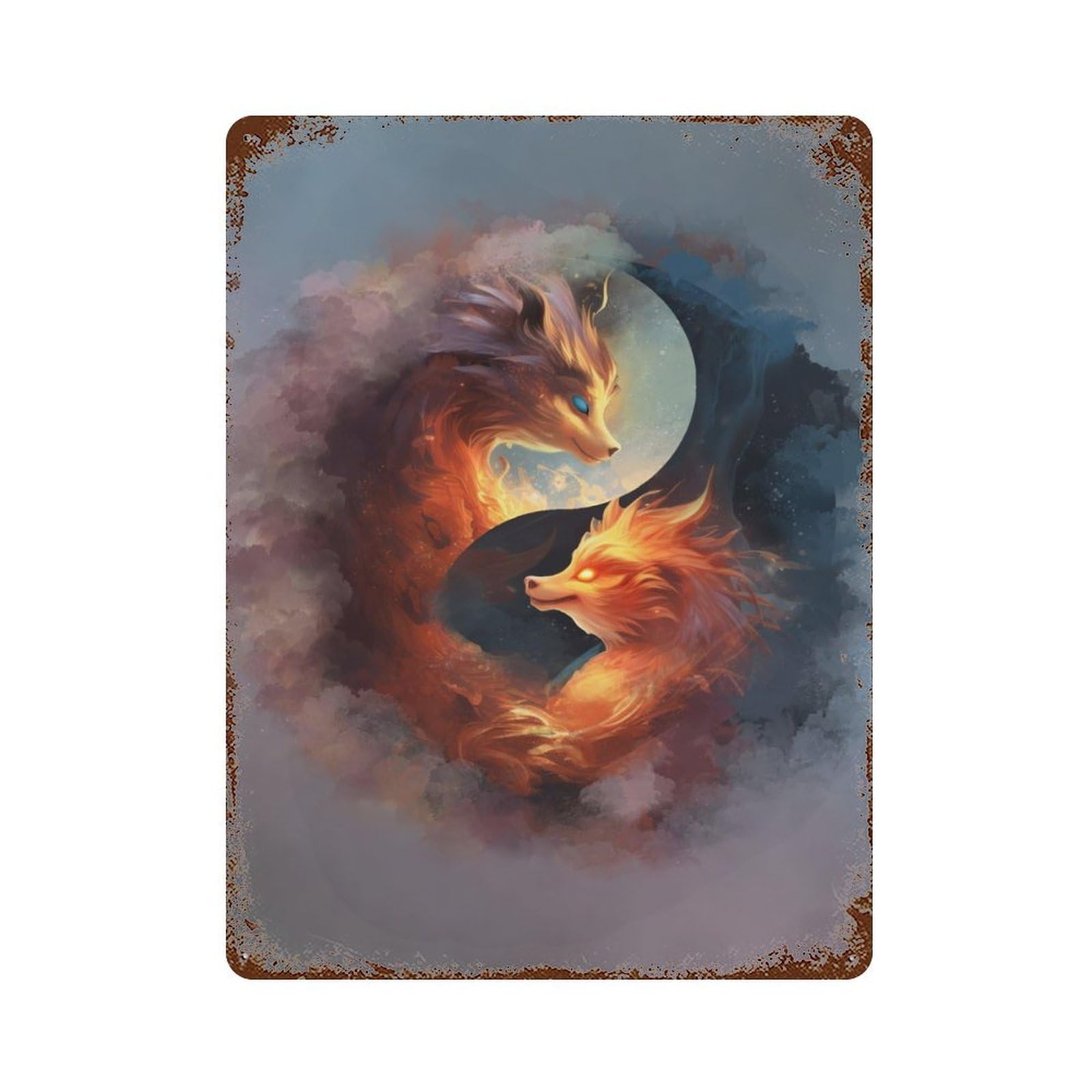 Fox Yin Yang Japanese 15.7"x11.8" Vintage Metal Tin Sign, Novelty Wall Decor for Basement, Hobby Room And Garage Decor