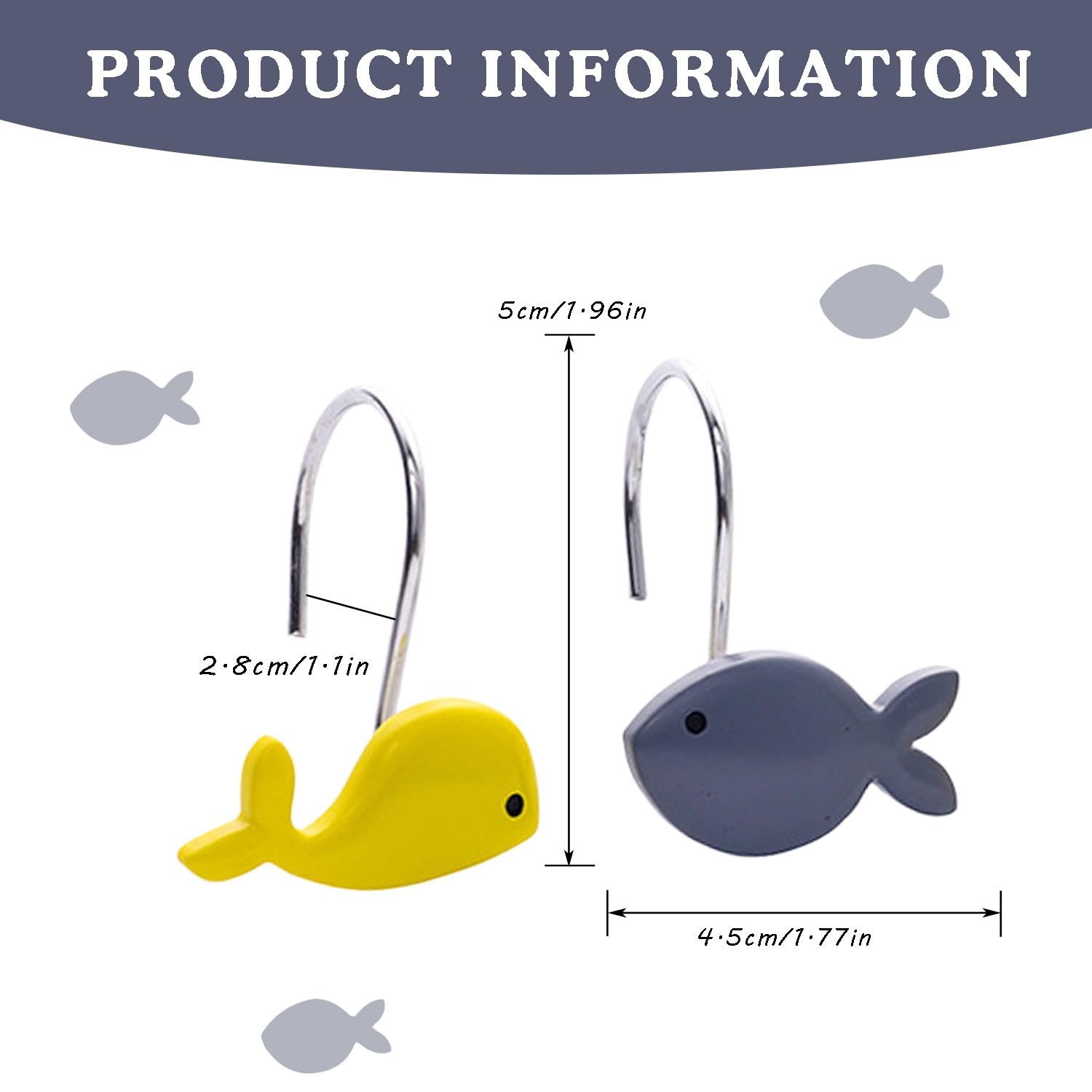 YRMLYMOP Kids Shower Curtain Set,12 Pcs Fish Shower Curtain Hooks Lovely Kids Curtain Whale Shower Curtain Hooks Creative Resin Shower Hook Fish Ocean Decor