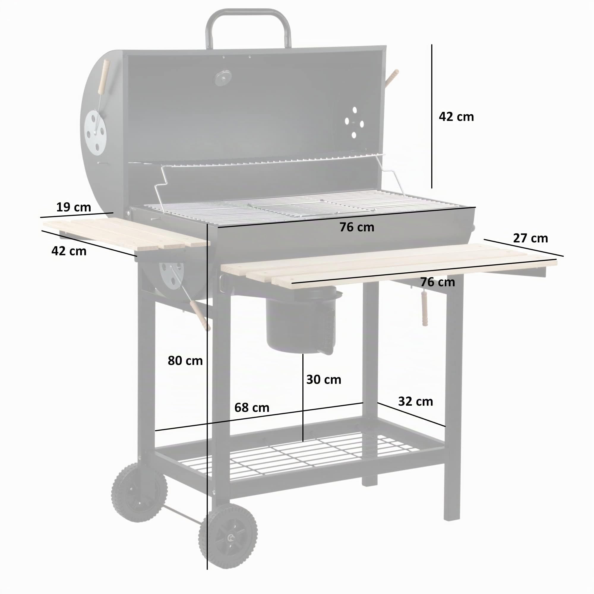 BBQ-Toro Carro de Barbacoa de Carbón Premium | Ø 42 x 80 cm | Ahumador Móvil | Parrilla de Barbacoa con Tapa | Con Mesas Laterales de Madera