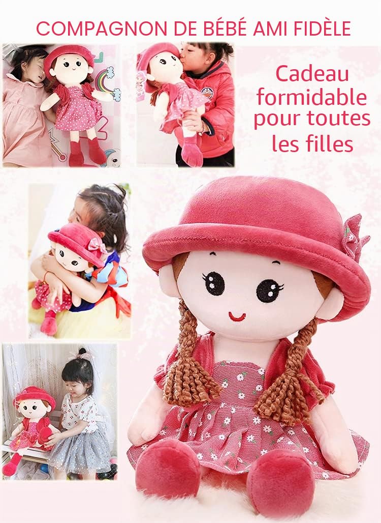 Poupée de Chiffon Fille Mignon Jouet en Peluche Bébé Douce Poupée Princesse Chapeau et Vêtements Détachables, à Partir de 0 Ans +, pour Anniversaire,de baptême,Valentin, Noël
