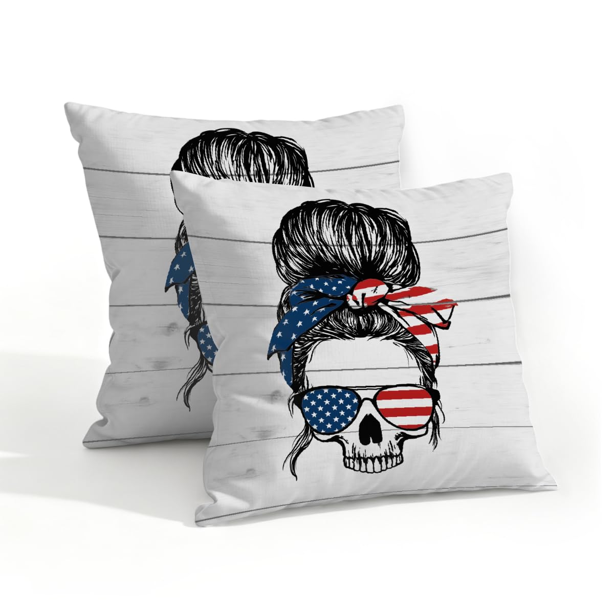 Outdoor Pillow Covers Waterproof Pillowcases 18x18in Set of 2 Women Skeleon American Flag Sunglasses Decorative Throw Cushion Case for Couch Sofa Garden Patio Furniture