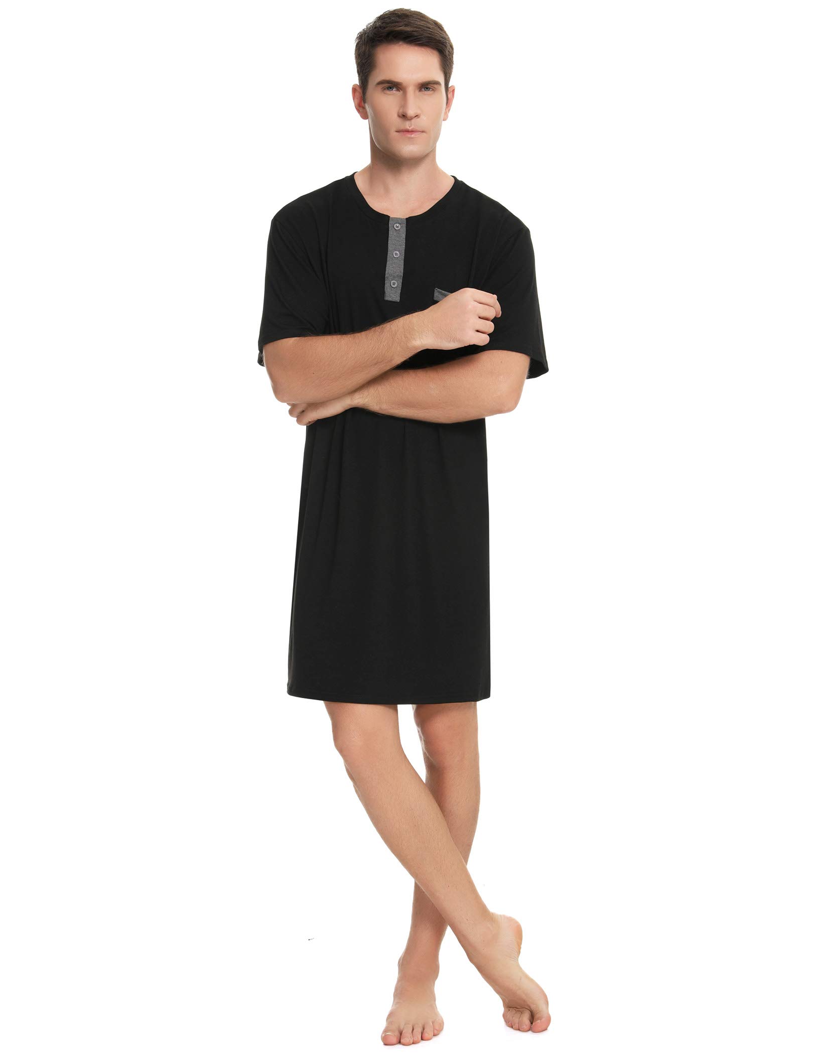 Enjoyoself Men's Cotton Pyjama Tops Soft Breathable Nightgown Knee Length Night Shirts Short Sleeve Nightwear Lounge Wear