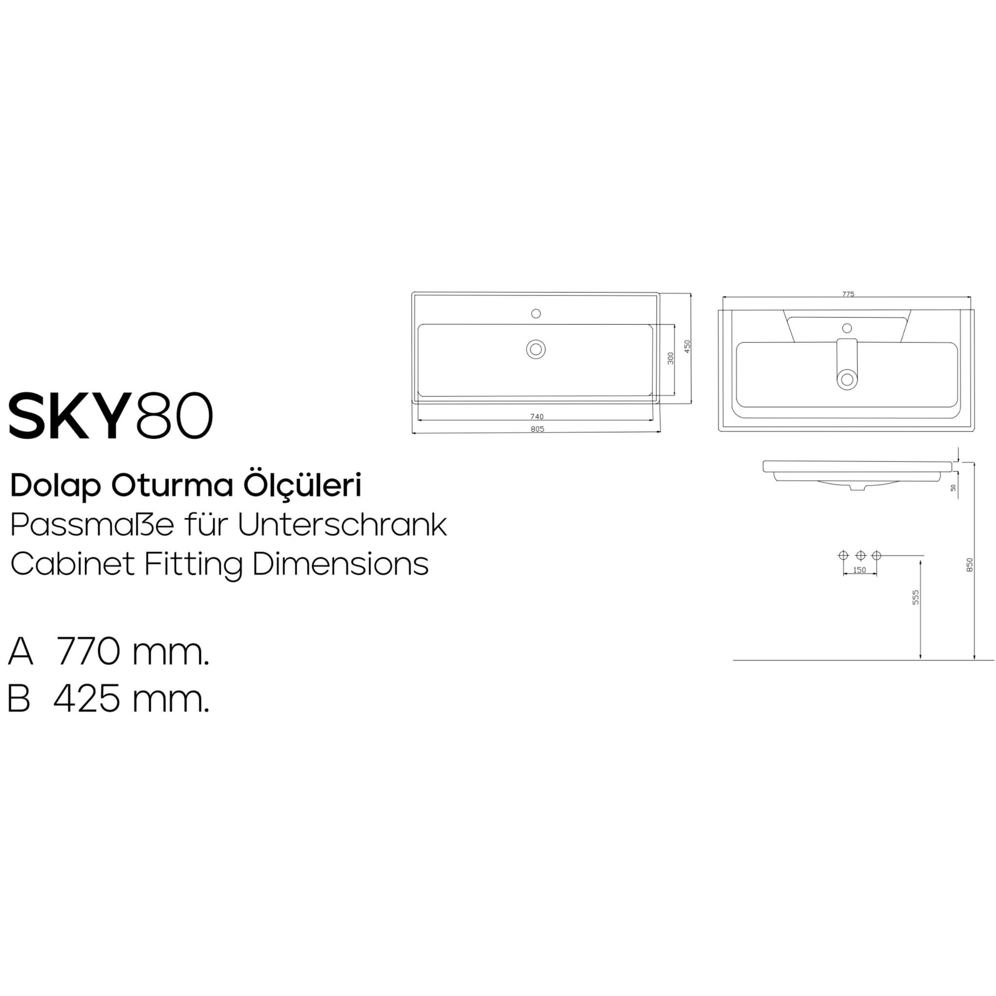 Keramik Einbauwaschbecken Sky 80 cm Breit Weiß | eckige Form mit Hahnloch & Überlauf| 80 x 10 x 45 cm | Waschbecken Gästewaschbecken Handwaschbecken Badezimmer WC