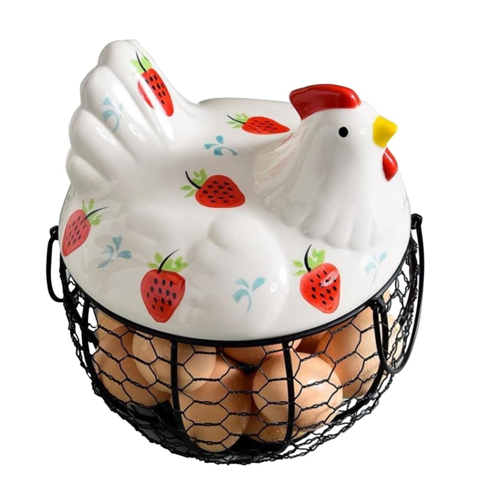 koszyczki na jajka z drutu, Kosz na jajka z ceramicznym wzorem truskawkowym do przechowywania w kuchni 7,67 x 8,85 cala